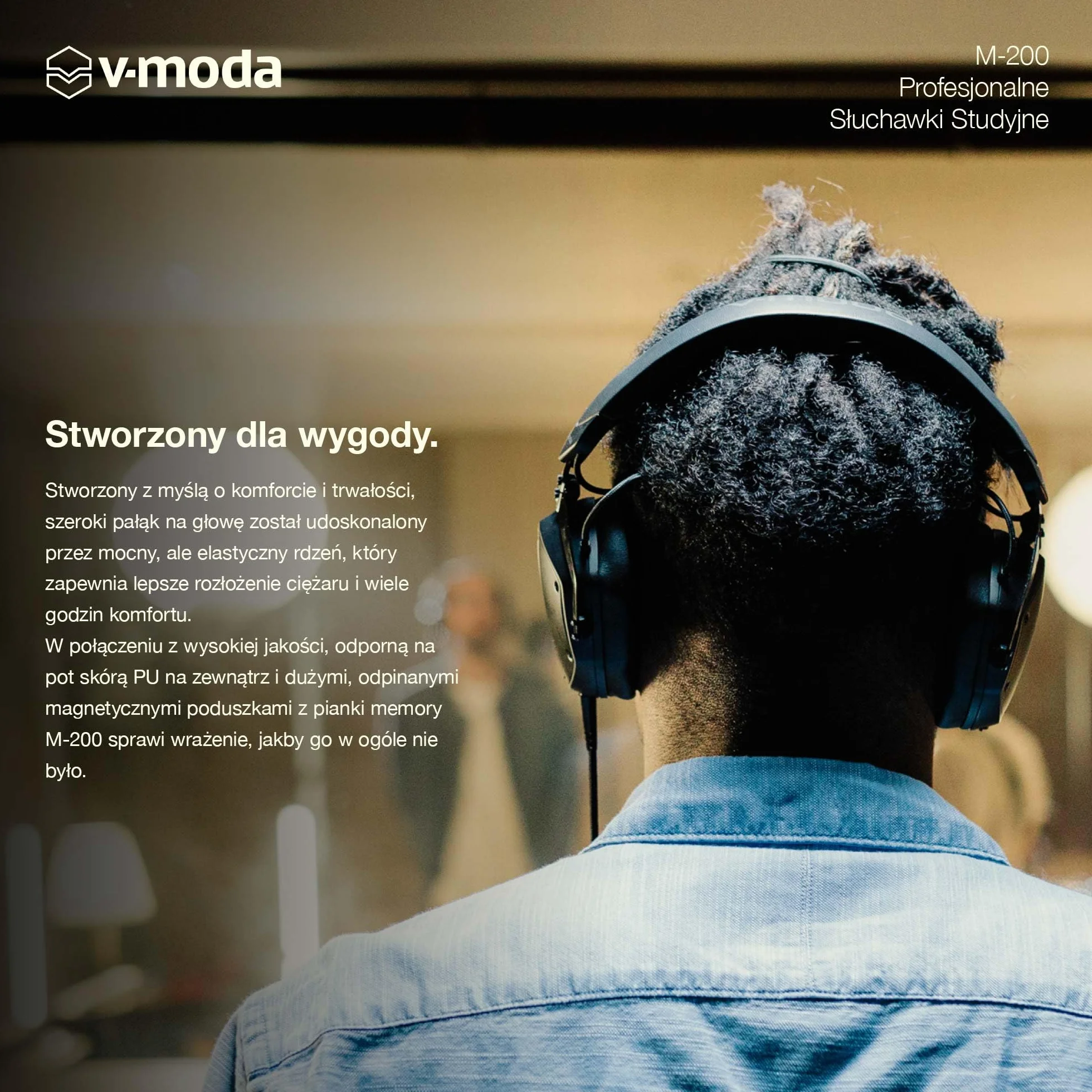 Profesjonalne Śłuchawki Studyjne V-MODA M-200 | Lekka Metalowa Konstrukcja | Regulowany pałąk do Monitorowania Jednym Uchem | Certyfikat Hi-Res Audio | Etui Exoskeleton | Matowa Czerń