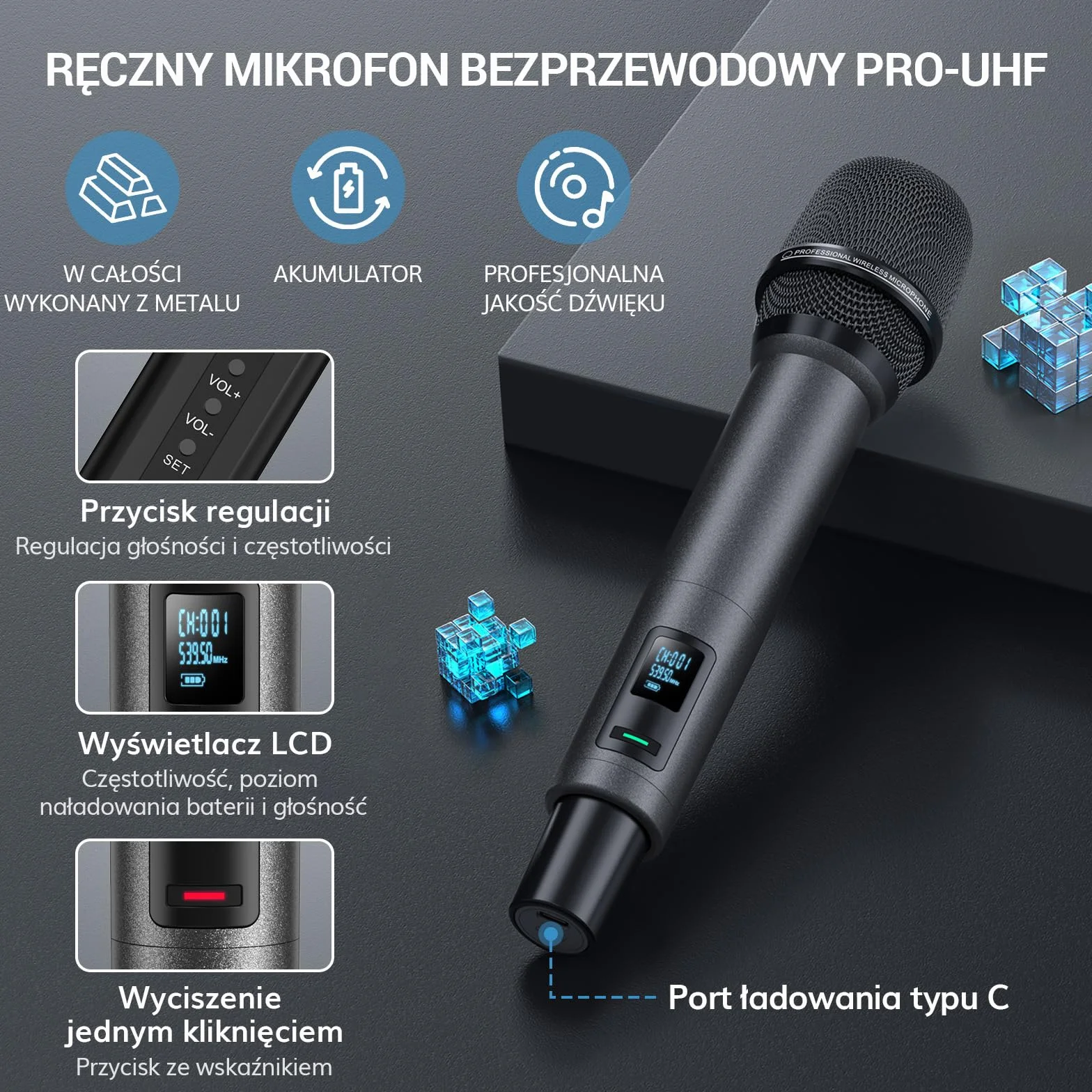 TONOR Bezprzewodowy System Mikrofon Ręczny TW520, Zasięg UHF 60m, Mikrofon do Karaoke