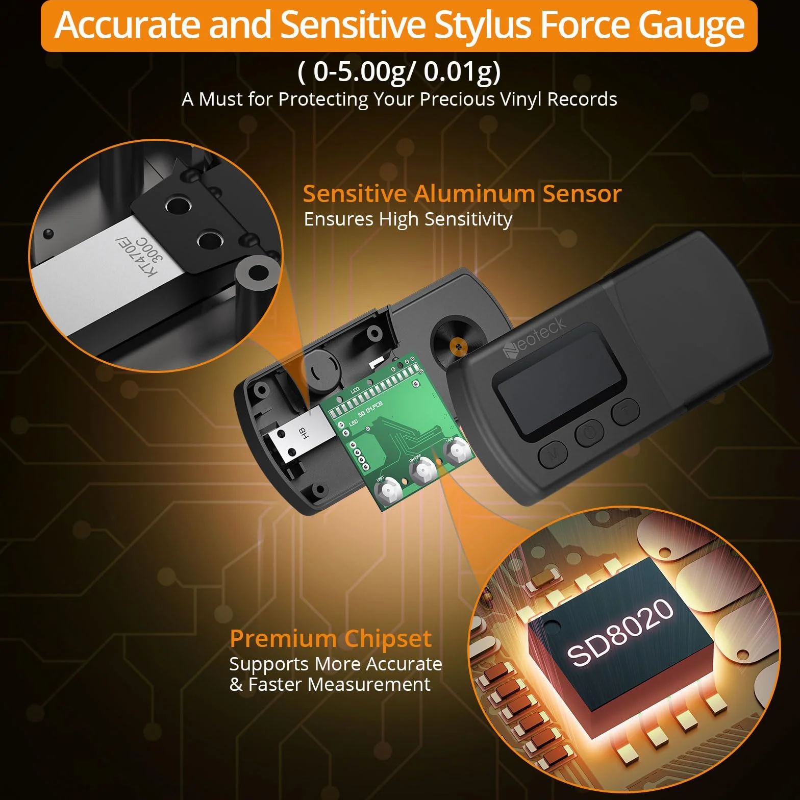 Neoteck Cyfrowy gramofon Stylus Force Scale Gauge 0,01 g/5,00 g z pomarańczowym podświetleniem LCD i kalibracją 5 g, manometr rysika do wkładu gramofonowego - srebrny