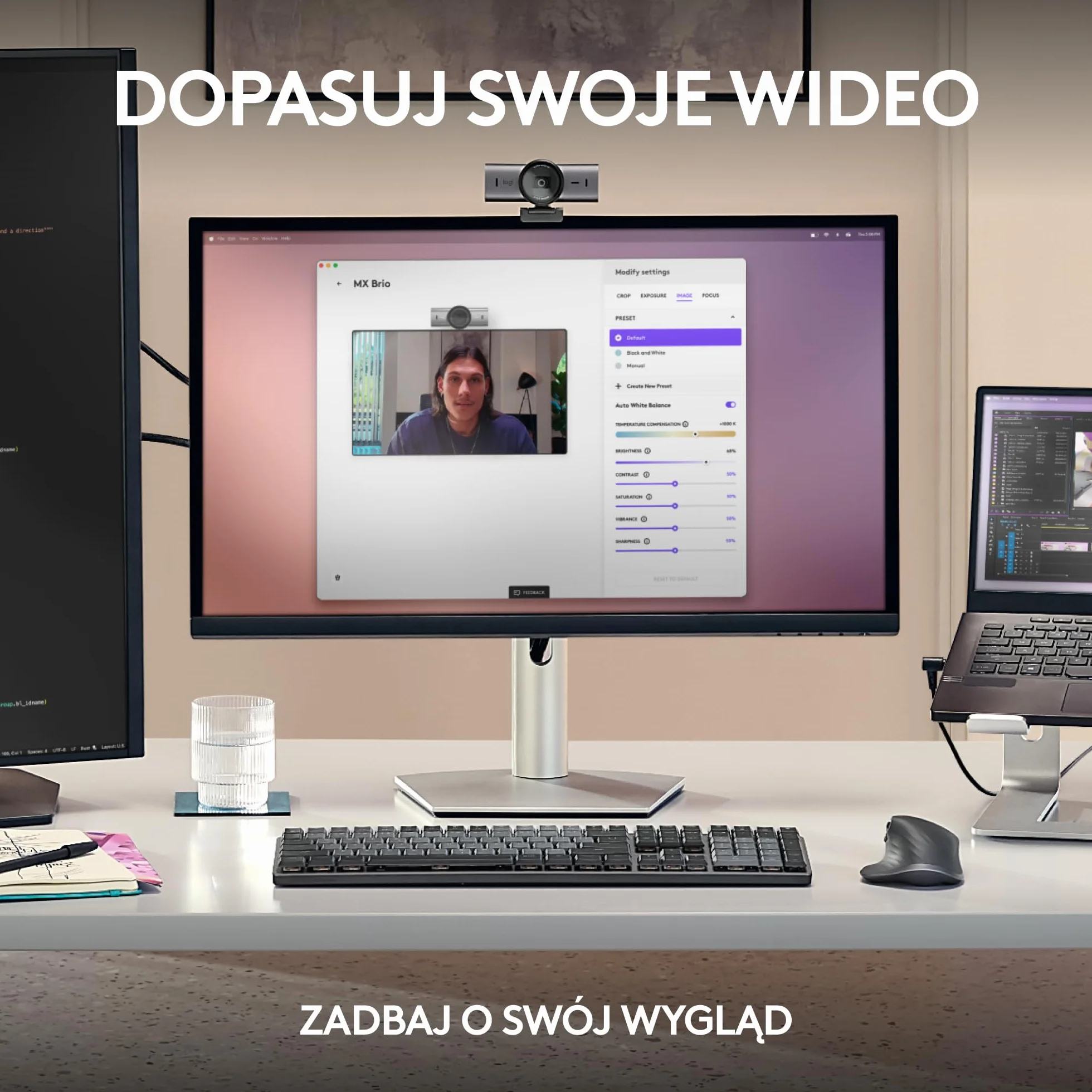 Logitech MX Brio Ultra HD 4K do współpracy i streamingu Kamera, 1080p przy 60 kl./s, mikrofony z podw. redukcją szumów, Show Mode, USB-C, osłona, działa z Microsoft Teams, Zoom, Google Meet, Pale Grey