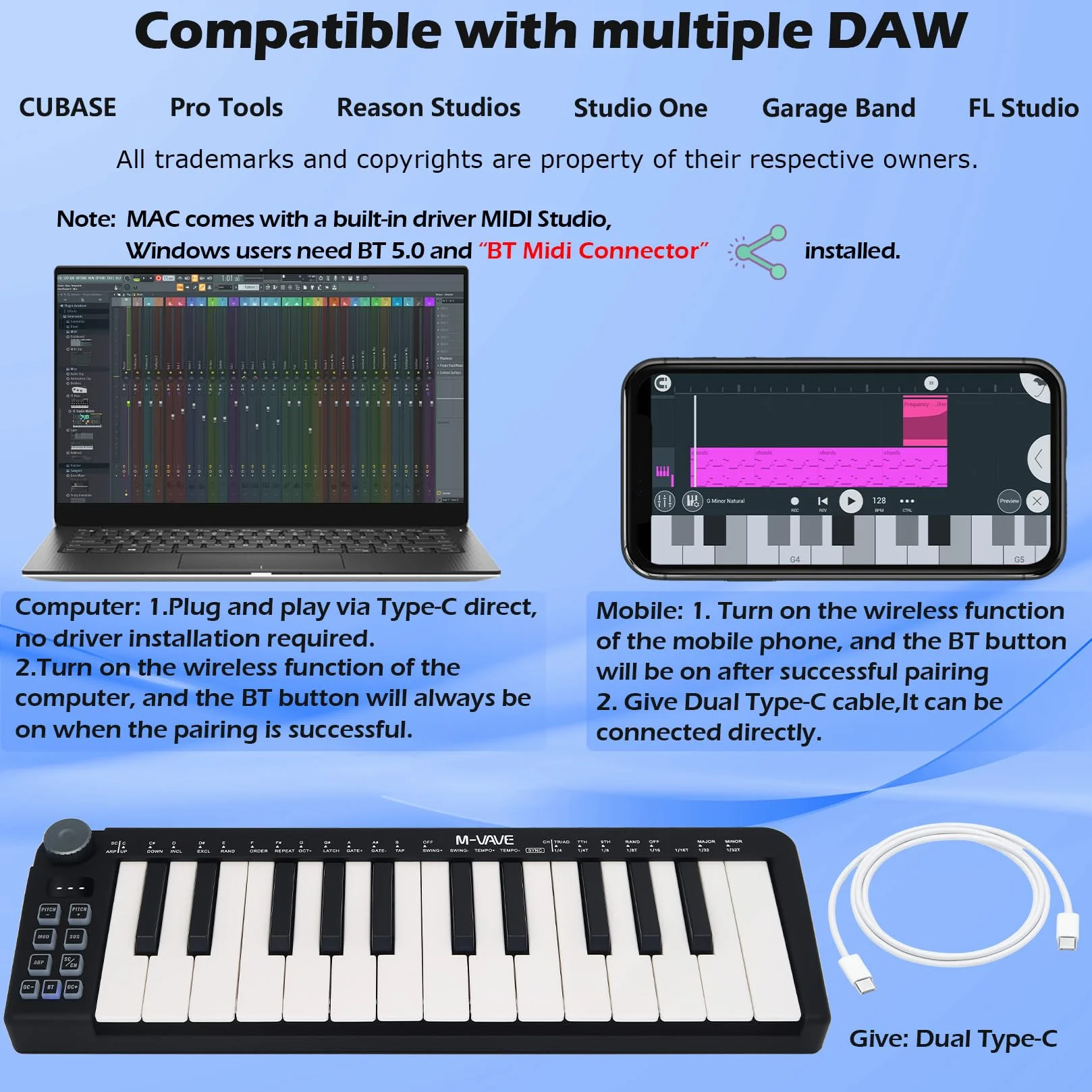 M-VAVE 25-klawiszowa mini klawiatura, klawiatura MIDI, profesjonalny Beat Maker i Keytar do produkcji muzycznej, wbudowana bateria, bezprzewodowe połączenie, czarne, mini bez