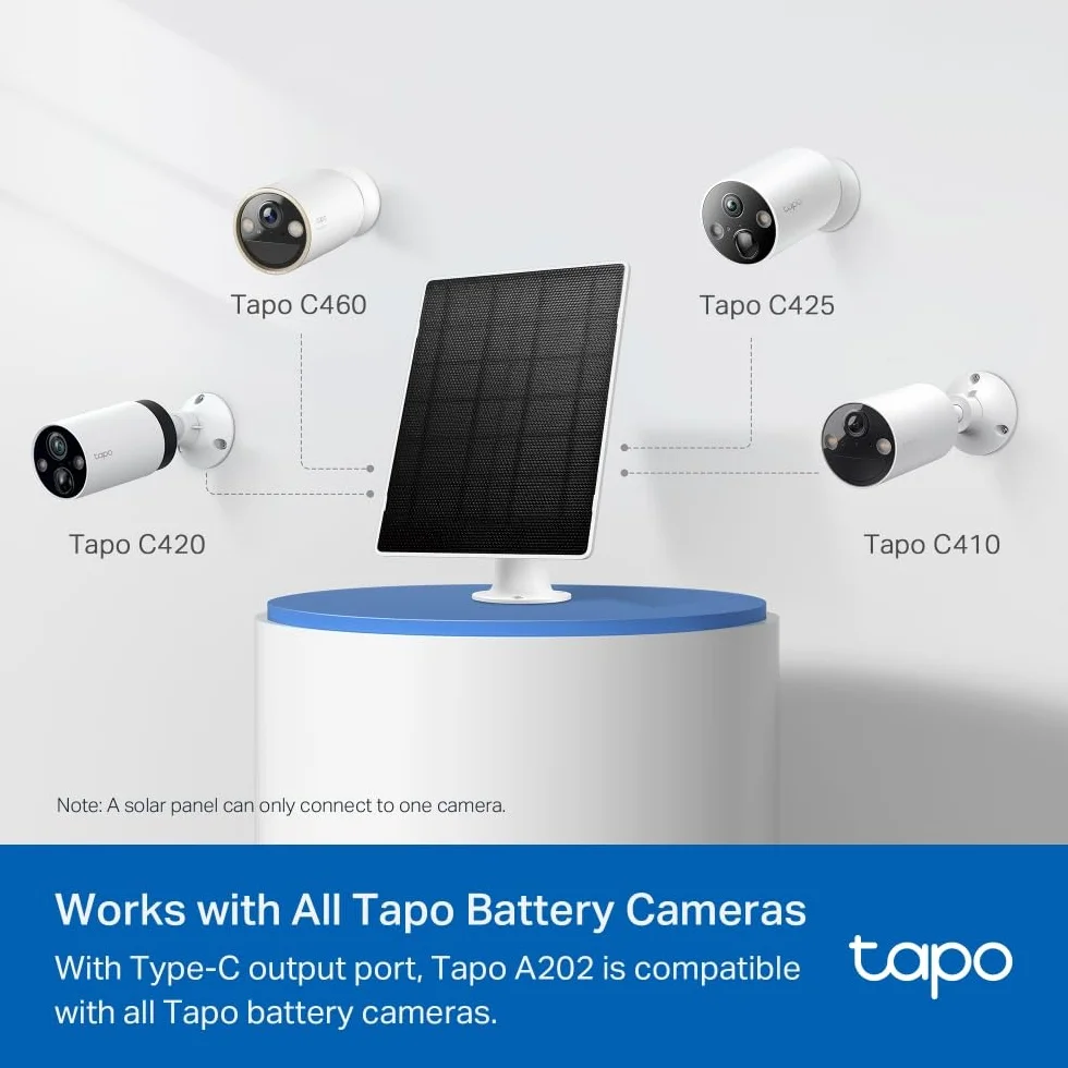 Tapo Panel słoneczny A202 4,5 W, 5,2 V, odpowiedni do baterii Tapo kamery, elastyczna instalacja, ładowanie o wysokiej wydajności, IP65, regulowany 360°, kabel do ładowania 4 m