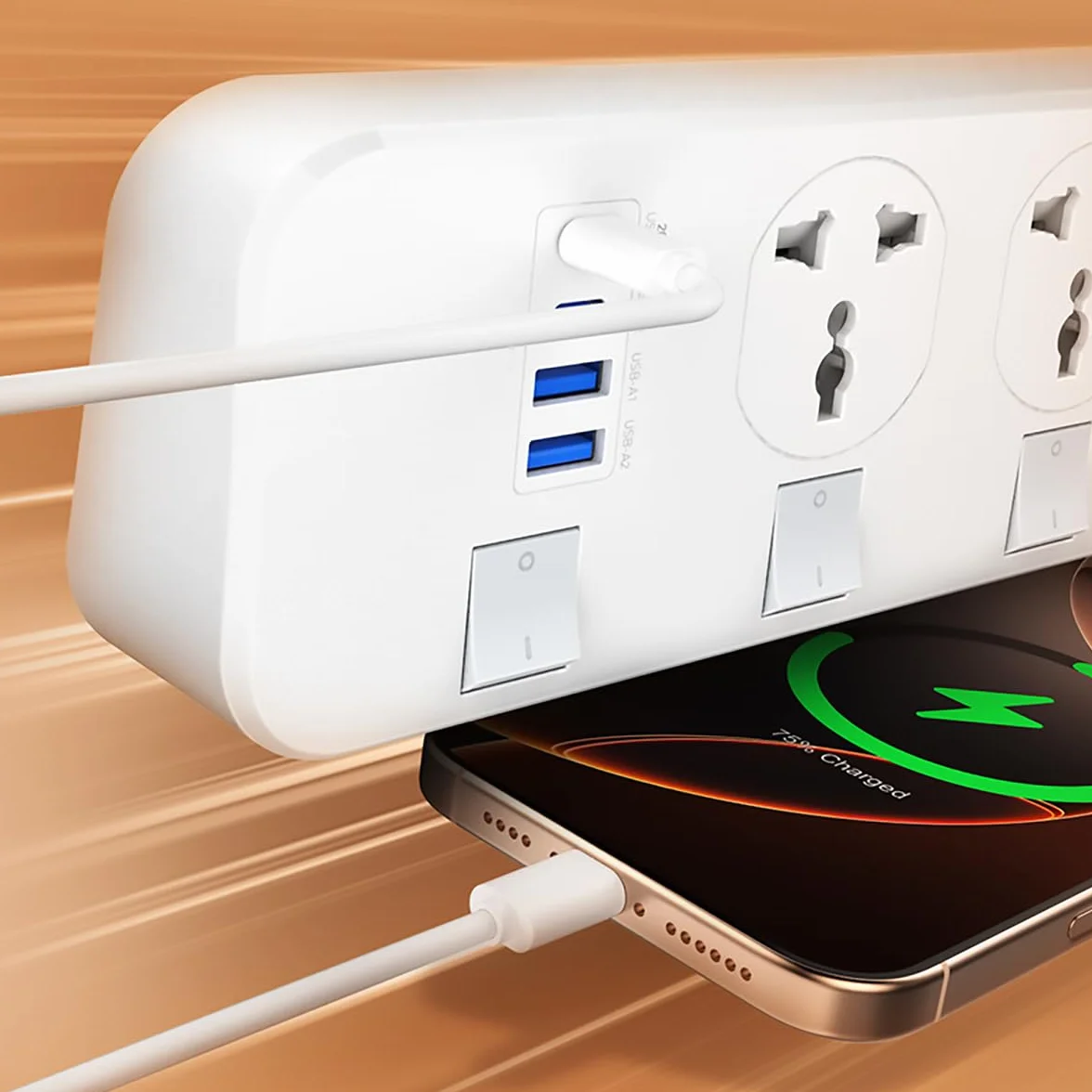 LELYFIT Listwa Zasilająca,4 Uniwersalne Gniazda, Zabezpieczenie przed przeciążeniem, 2 x USB-A,1x Type-C,1 x 20W USB-C PD (5V 3A 20W), Niezależny Wyłącznik Bezpieczeństwa, Kabel Sieciowy 2m