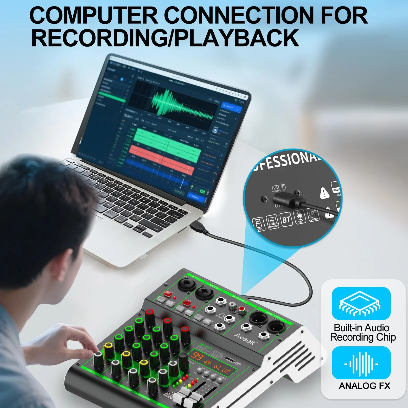 Aveek Mikser audio 4-kanałowy z USB/Bluetooth, 48V Phantom, DSP do nagrywania