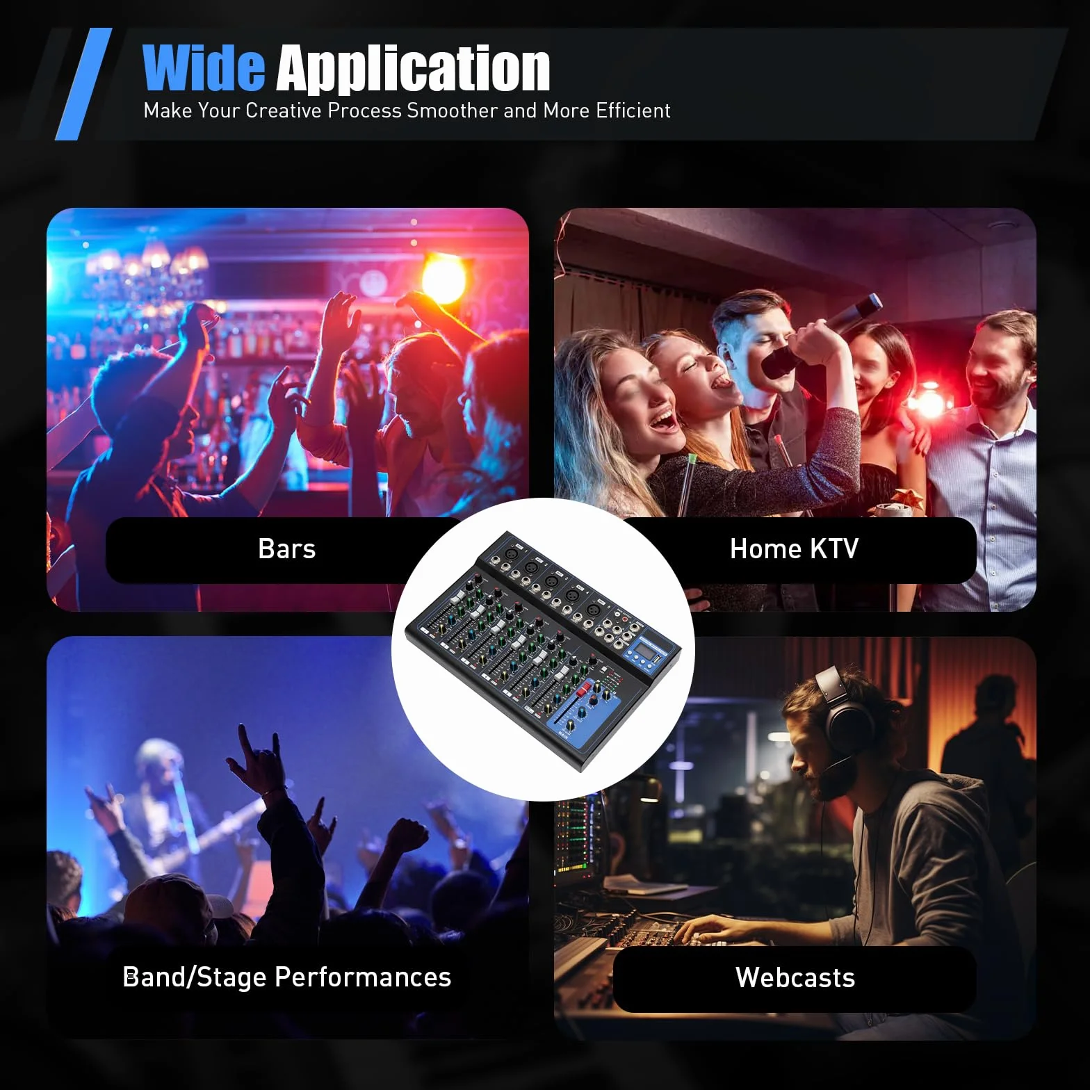 Mikser audio Bluetooth, 7-kanałowy, mikser DJ Live Studio z USB, mikser audio na żywo, 6 trybów muzyki, konsola do miksowania dźwięku, do studia produkcji muzyki, barów i scen, dla
