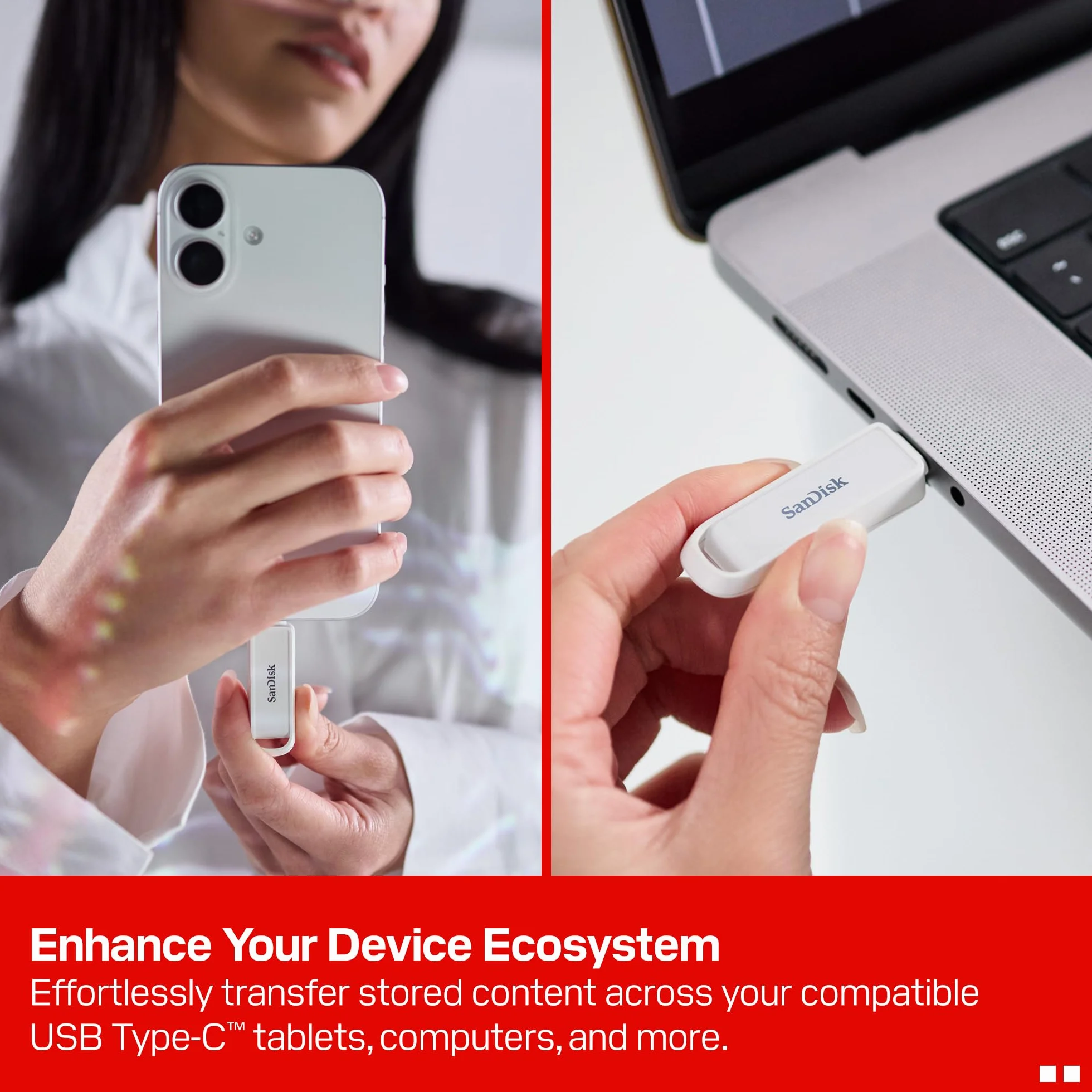 SanDisk Phone Drive z USB Type-C 256 GB (do telefonu, do smartfonów, tabletów i komputerów, prędkością 150 MB/s, Wykonuj automatyczne kopie, Dzięki odzyskiwaniu) - Arctic White