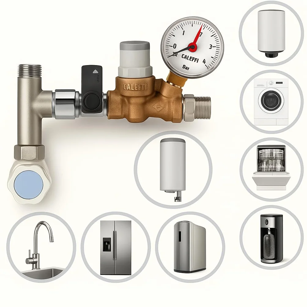 CALEFFI mikro-ukośny reduktor ciśnienia 3/8" cala do 80°C, zakres regulacji ciśnienia od strony wyjściowej 0,8 do 4 bar (z manometrem)