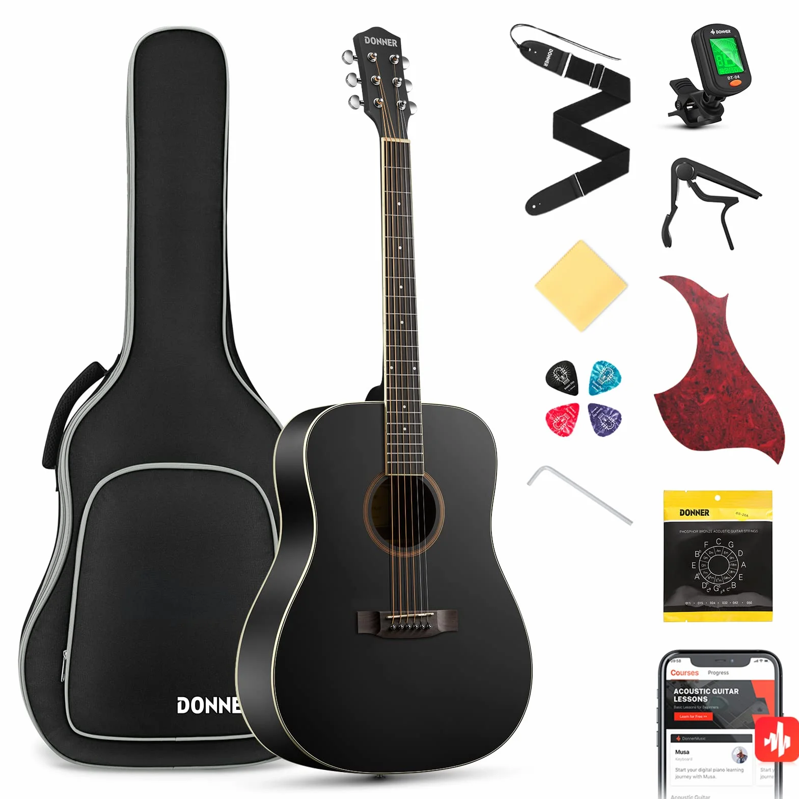 Donner Gitara akustyczna Dreadnought 4/4 104 cm, zestaw dla początkujących, czarny