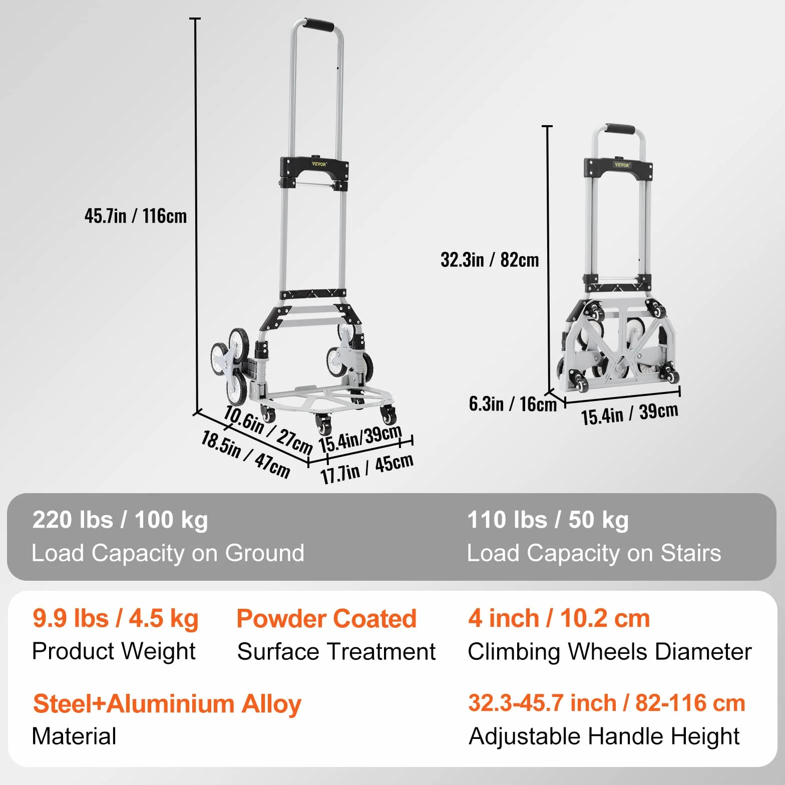 VEVOR Wózek schodowy 50-100 kg Diabeł Składany ze stopu aluminium Wysokość Regulowany uchwyt 82-116 cm 4 koła uniwersalne taca 39x27 cm do magazynu lotniska centrum handlowego