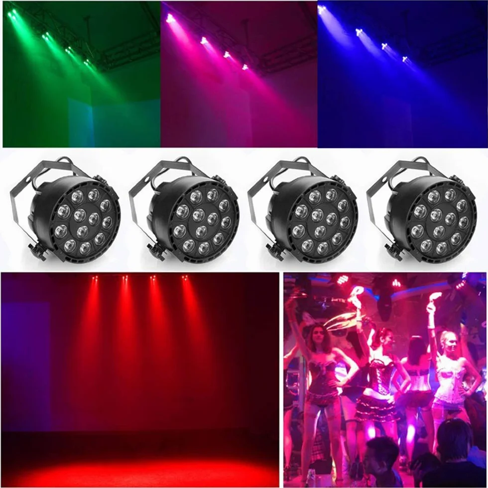 Btuty Lampa sceniczna LED Projektor RGBW 12 sztuk LED Aktywowane dźwiękiem Auto Disco Light DMX512 W dla klubu weselnego DJ Party Pub KTV, zestaw 4 świateł