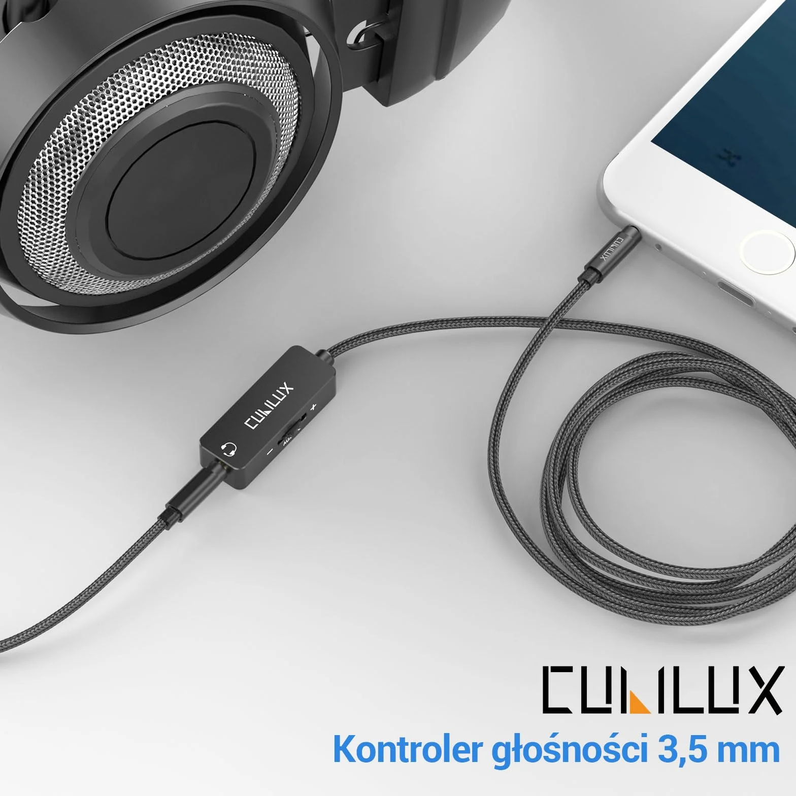 Cubilux Kabel tłumiący 3,5 mm TRRS, przedłużacz słuchawkowy 1/8 cala z regulacją głośności, wbudowany kontroler głośności do słuchawek, głośników, 1,2 m