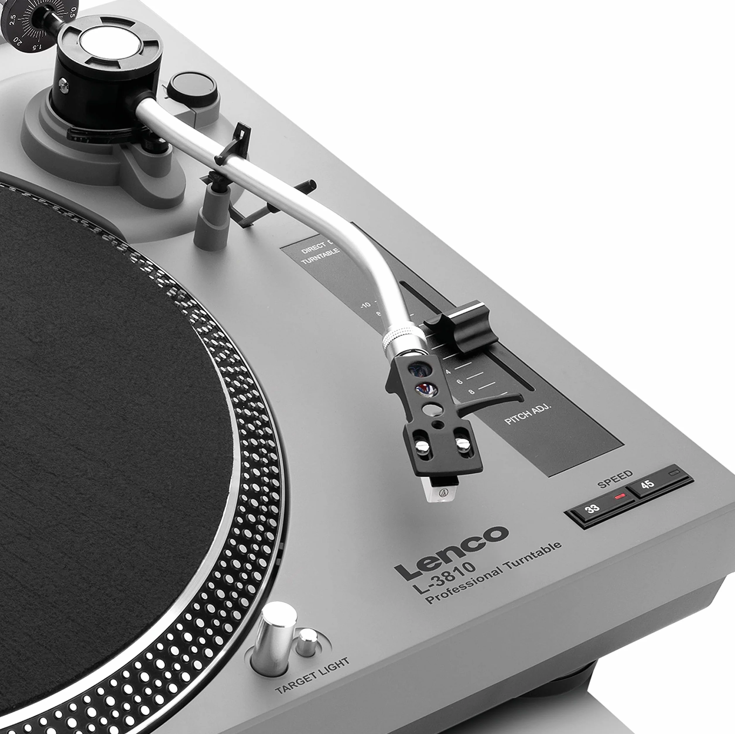 Lenco L-3810 gramofon z napędem bezpośrednim – gramofon DJ – 33/45 obr./min – Pitch Control – system magnetycznego odbiornika dźwięku – oświetlenie igły, kontrola Pitch Control – matowy szary