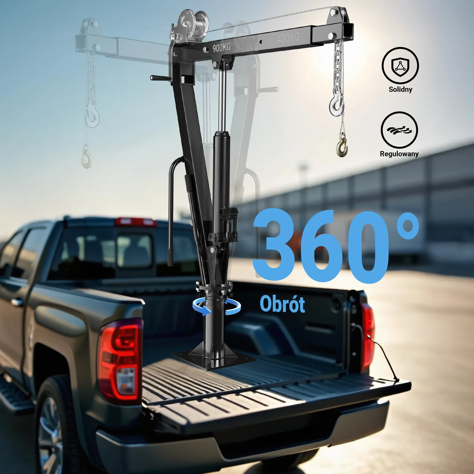 Wiltec Żuraw hydrauliczny do załadunku 900 kg, obrotowy 360° z wyciągarką linową, stabilny podnośnik do pojazdów transportu, pickupów i warsztatu
