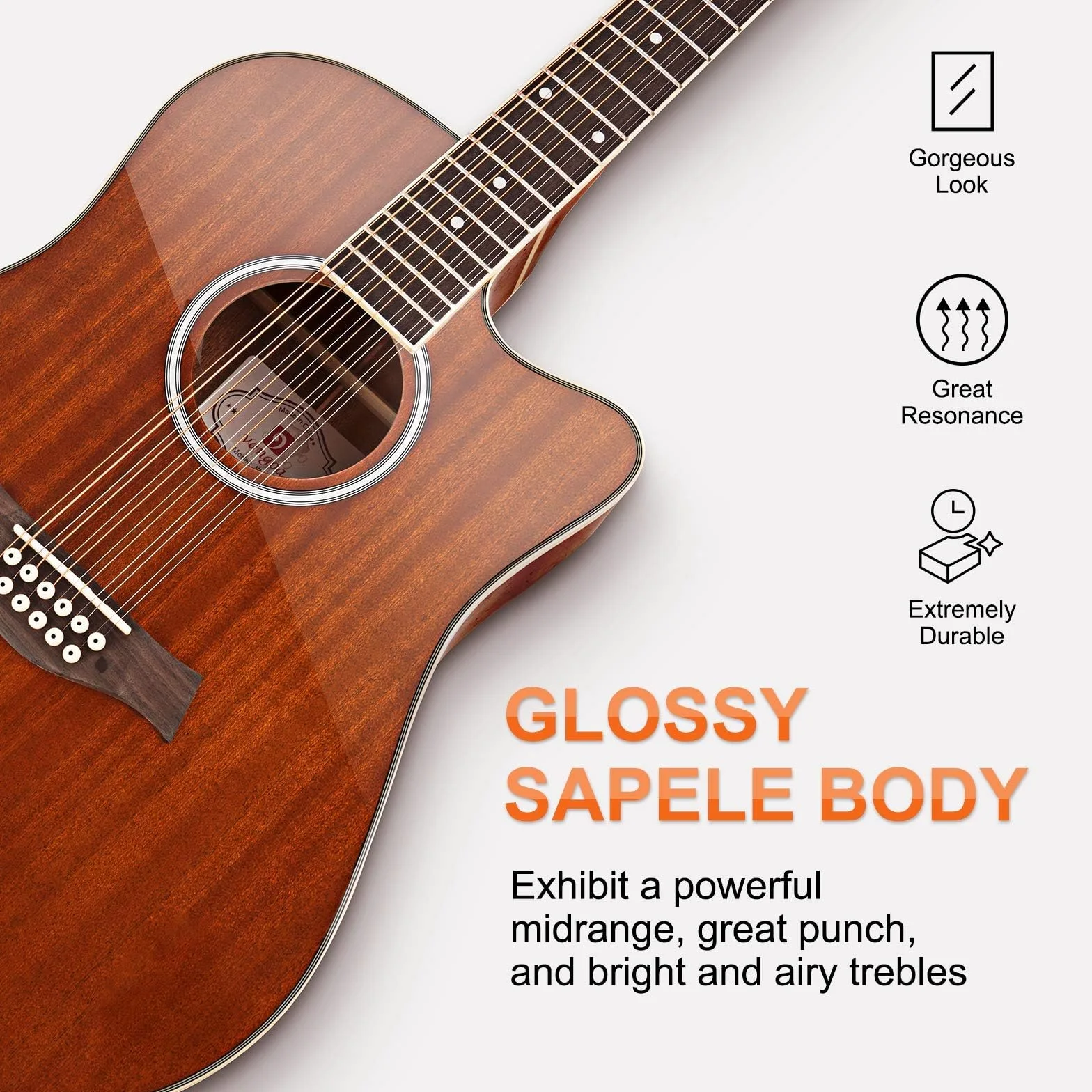 Vangoa gitara elektroakustyczna 12 strun dla początkujących, średniozaawansowanych, dorosłych, nastolatków, 41 cali, korpus z Sapele, zestaw startowy z ulepszonymi elementami, dla praworęcznych