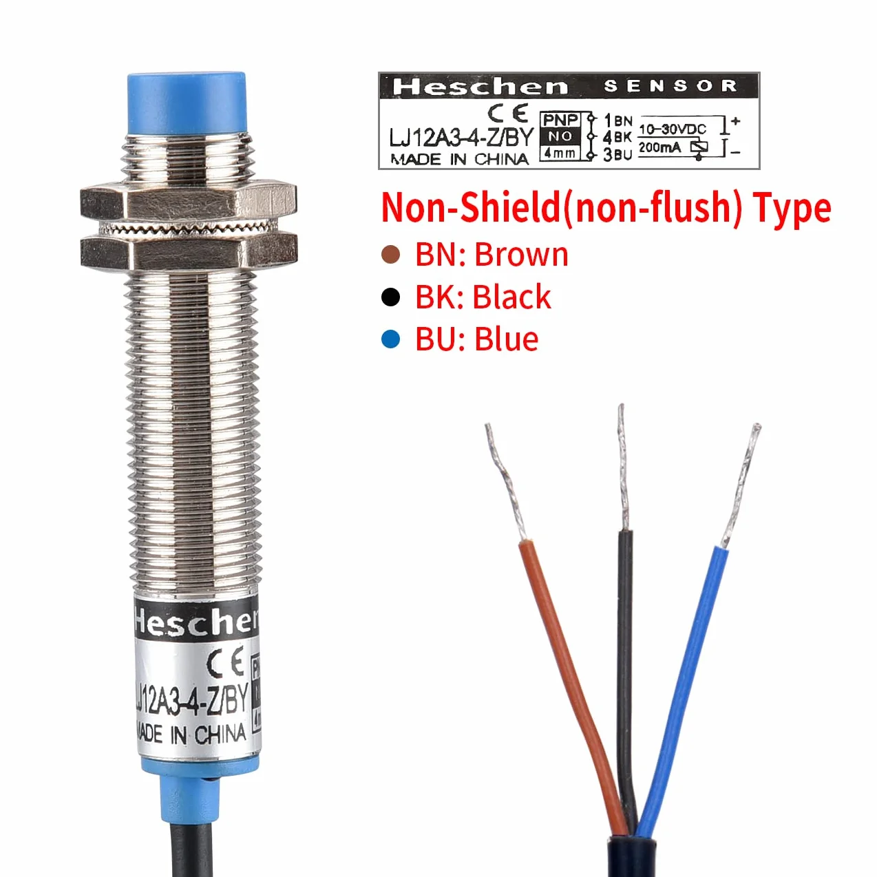 Heschen M12 indukcyjny czujnik zbliżeniowy, typ nieekranowany, LJ12A3-4-Z/BY, czujnik 4mm, 10-30VDC 200mA, normalnie otwarty PNP (NO), 3 przewody Żółty