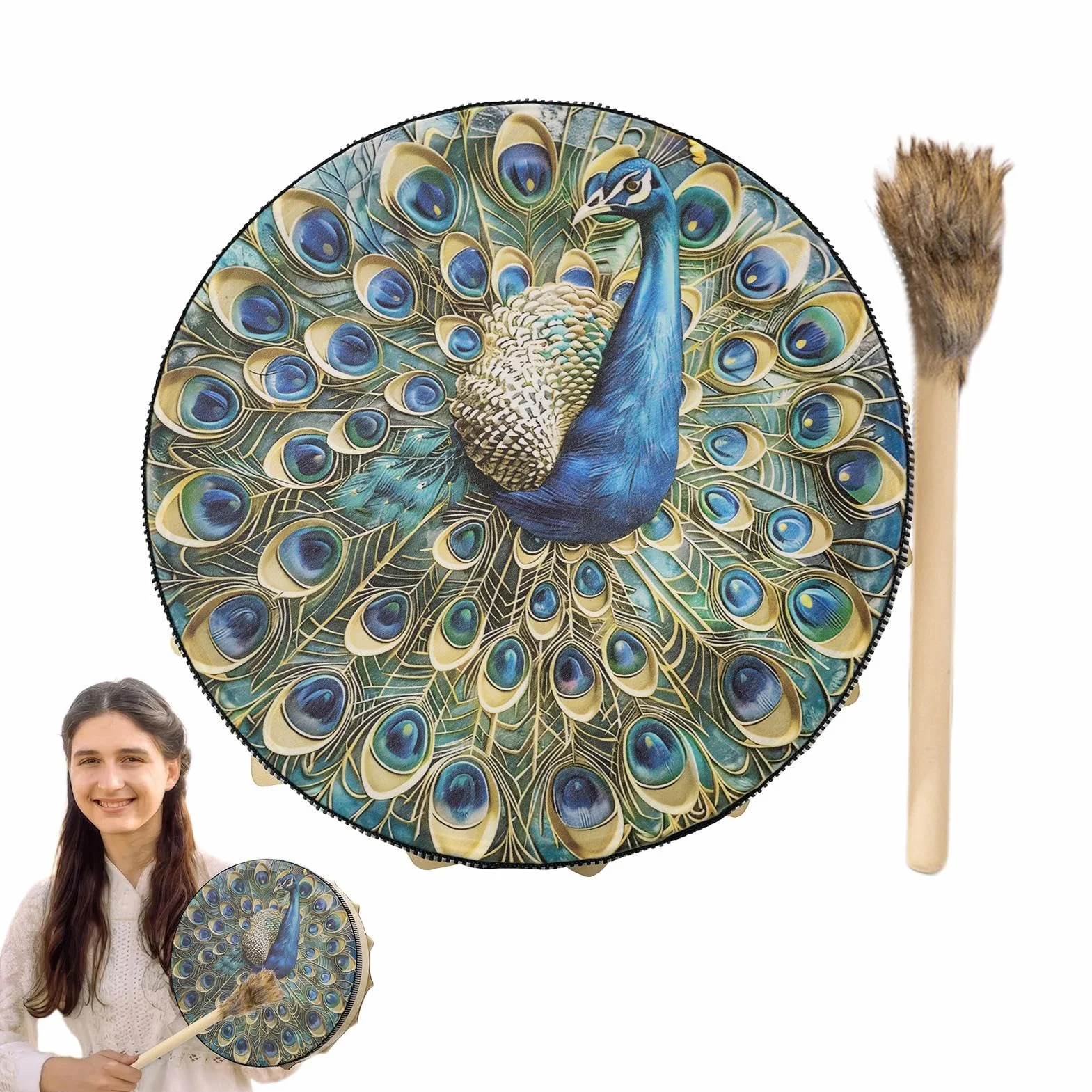 Bębny szamańskie | Bęben instrumentalny | Instrument duchowy, 25 cm, lekarz dźwiękowy, bęben, narzędzie szamańskie wzór ptaka, bęben szamański syberyjski, bębny muzyczne duchowe, krajowy instrument