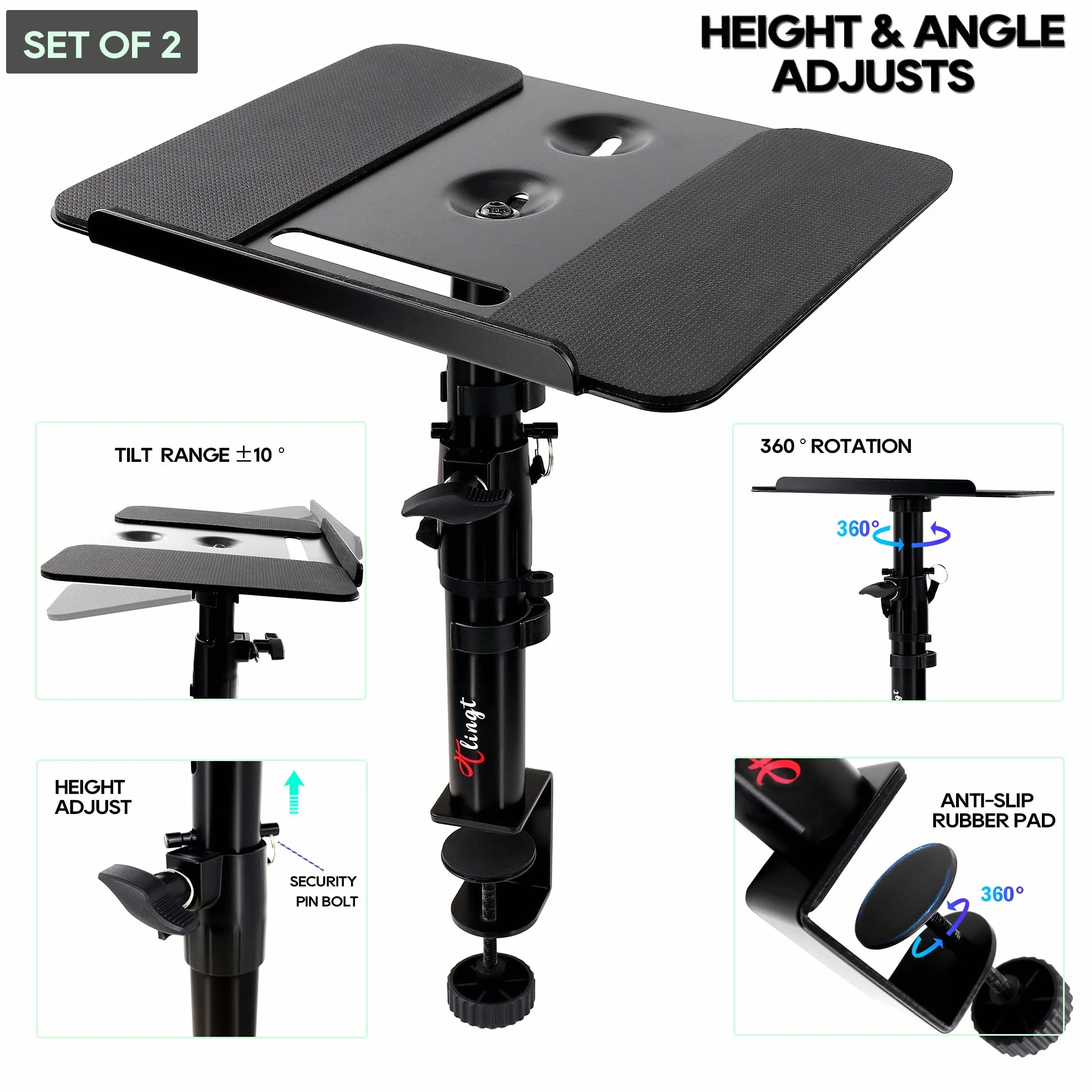 Deluxe stojak na monitor studyjny, stojak na głośniki biurkowe (2-pak) - wytrzymała metalowa taca 30 x 23 cm, kąt nachylenia od -10° do +10°, idealny do monitorów studyjnych, głośników