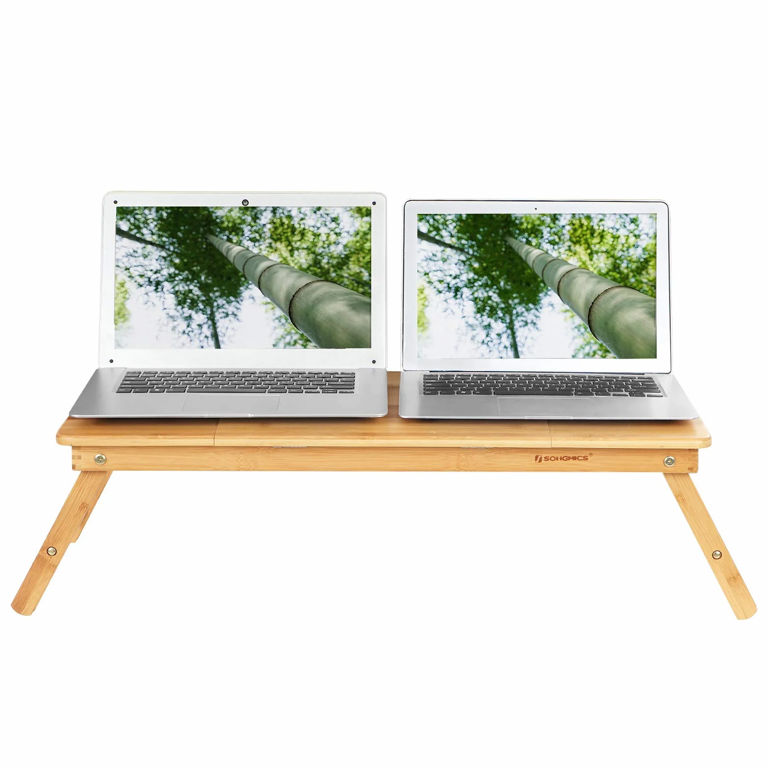 SONGMICS Stolik pod laptop, składany i regulowany na wysokość stolik na notebook, z otworami wentylacyjnymi, dla osób lewo- i praworęcznych, stolik do łóżka z bambusa z szufladą, 72 x (21-29) x 35 cm (szer. x wys. x gł.) LLD004