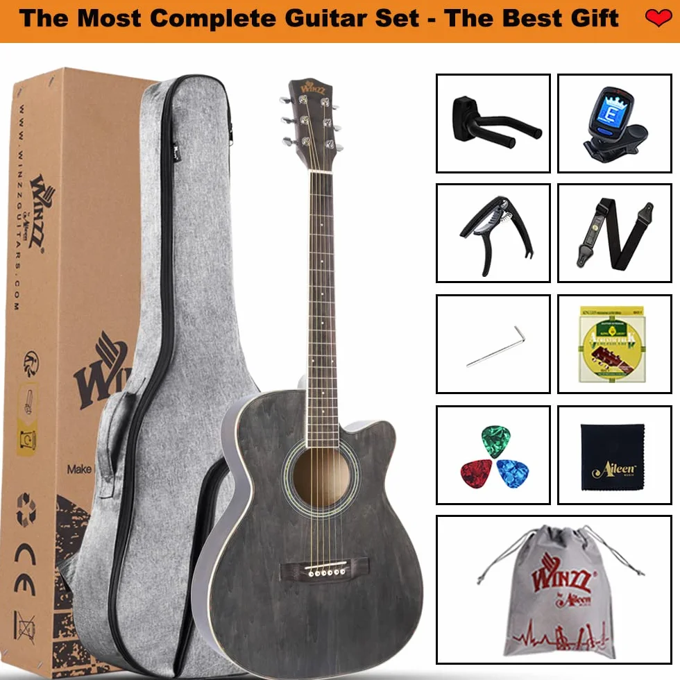 Winzz gitara akustyczna dla dzieci 3/4, gitara Western, Czarno-szary, 36”, zestaw dla początkujących