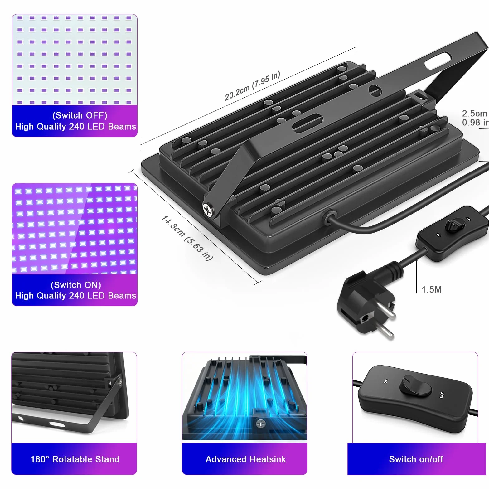 Reflektor UV CREATESTAR 100 W z 240 diodami LED i lampą grafenową UV o długości fali 315–400 nm, wodoodporny IP67, do efektów specjalnych, ochrony i imprez (1 szt.)