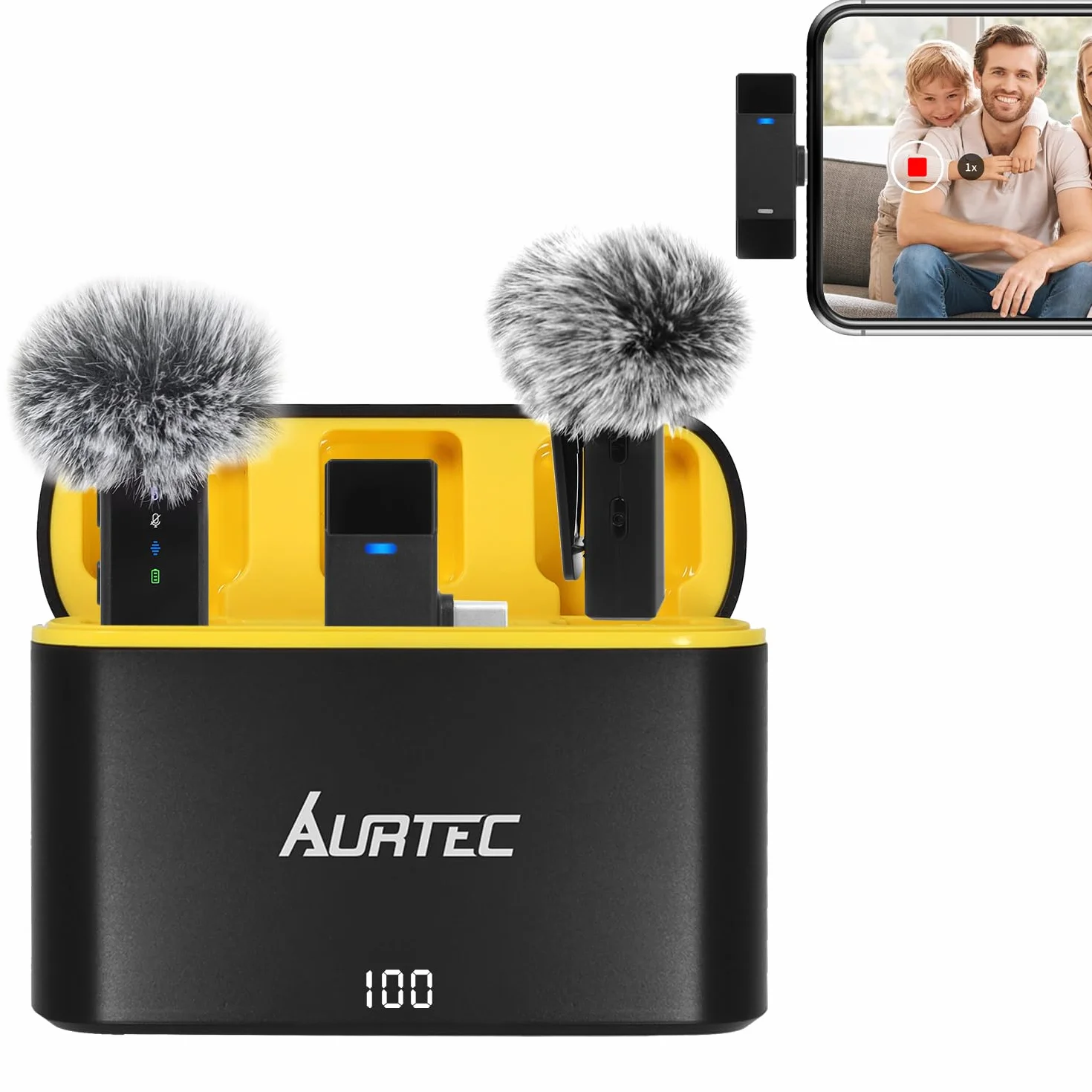 AURTEC Bezprzewodowy mikrofon krawatowy z etui ładującym do telefonów Type C/USB C, zestaw 2 sztuk, Plug & Play, zasięg 30 m, redukcja szumów i duża bateria