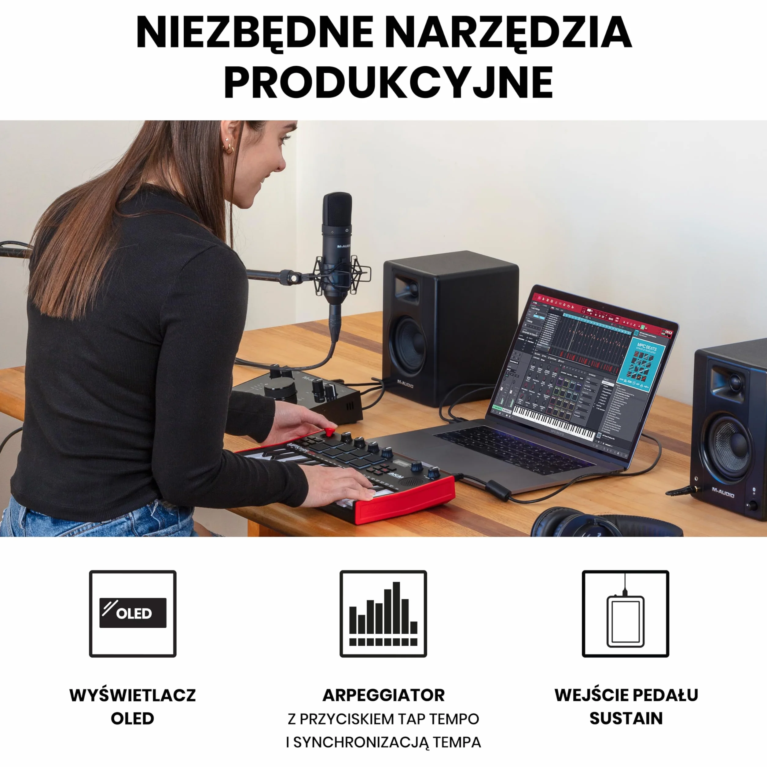 Akai Professional MPK Mini Play MK3 – klawiatura sterująca MIDI z wbudowanym głośnikiem i brzmieniami, dynamiczną klawiaturą, padami MPC, pakietem oprogramowania oraz pakietem Native Instruments