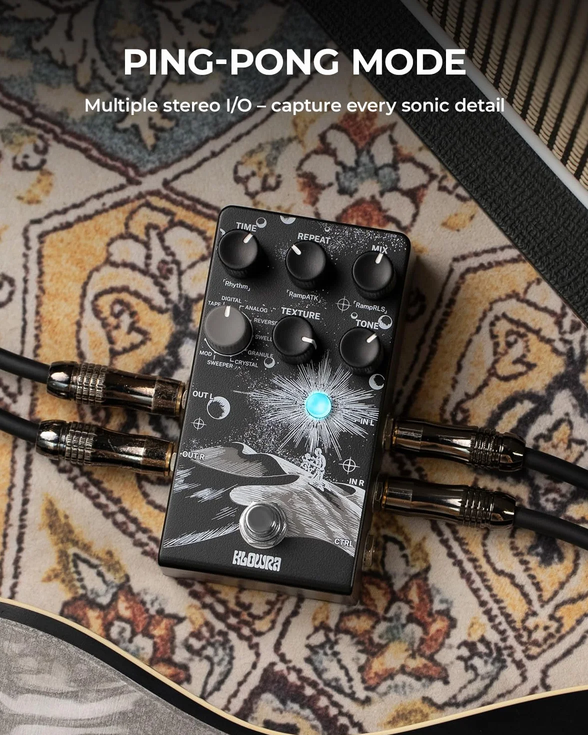 Everlast Delay gitarowy na gitarę elektryczną - Ramp, 9 stereo typów opóźnienia, Tap Tempo, True Bypass, Analog Dry Through, obsługa pedału ekspresji & przełącznika nożnego TS/TRS