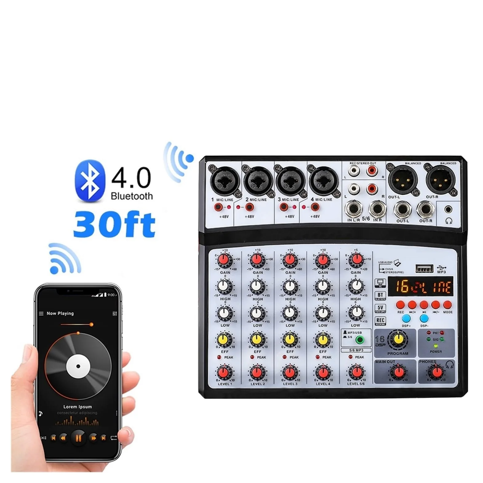 Mikser audio Bezprzewodowy 6-kanałowy Mikser Audio Przenośna Konsola Miksująca Interfejs USB Karta Dźwiękowa Z 16 DSP Echo 48V Zasilanie Phantom(06D-White)