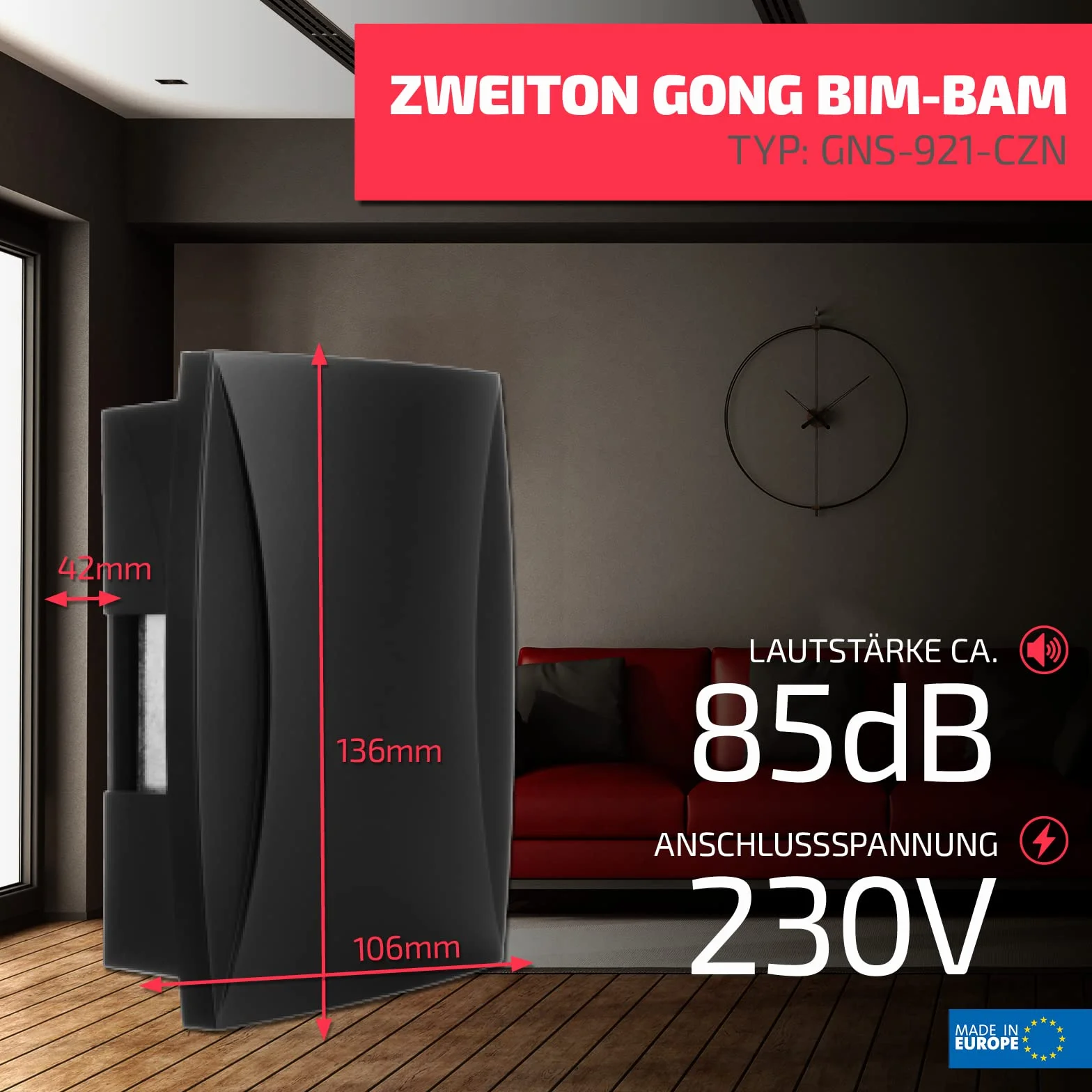 SUNDI GNS-921 dzwonek do drzwi, dzwonek, podwójny dźwięk, 230 V, Bim Bam, czarny