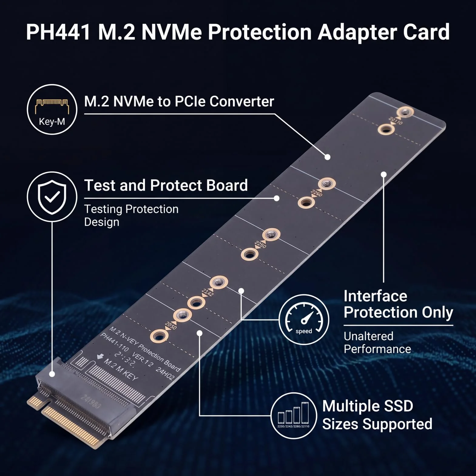 XUMIUZIY Karta Adaptera PH441 M2 NVME PCIe, Karta rozszerzeń SSD na PCIe z ochroną testową Gold Finger, Kompatybilna z Dyskiem SSD 2230 2242 2260 2280 22110 dla Systemu Operacyjnego