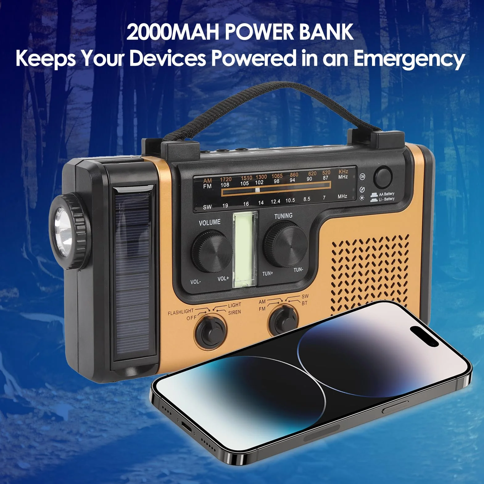 AM FM Solar Radio Radio, Bluetooth 5.0 Ręcznie Przenośne Radio z latarką, Alarm SOS, ładowarka do Telefonu Komórkowego, Małe Radia Pogodowe na Kemping, Awaryjne