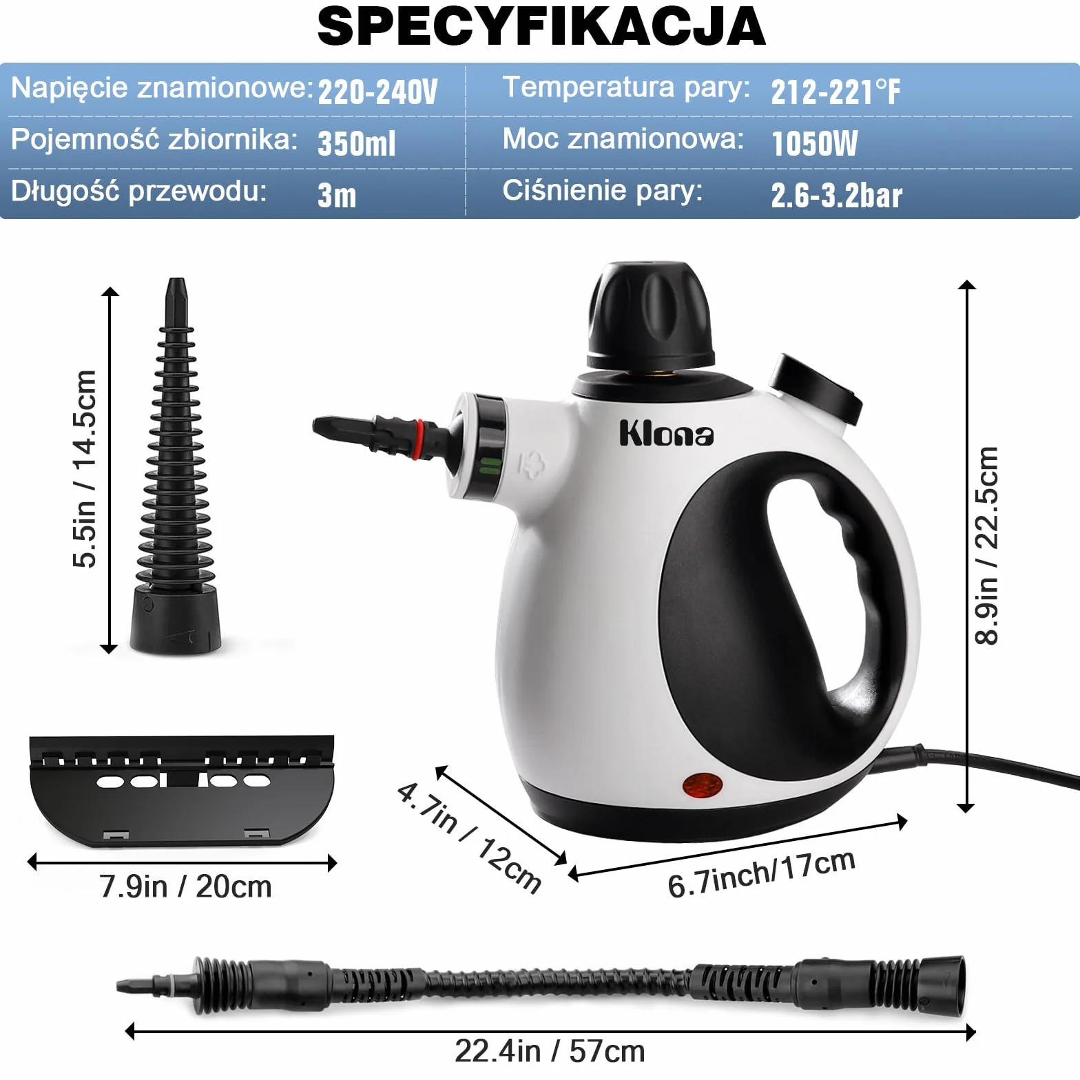 KLONA Ręczna myjka parowa do domu, wielofunkcyjna myjka parowa z 10 akcesoriami do dywanów, zasłon, sof, kuchni, łazienki i wielu innych.