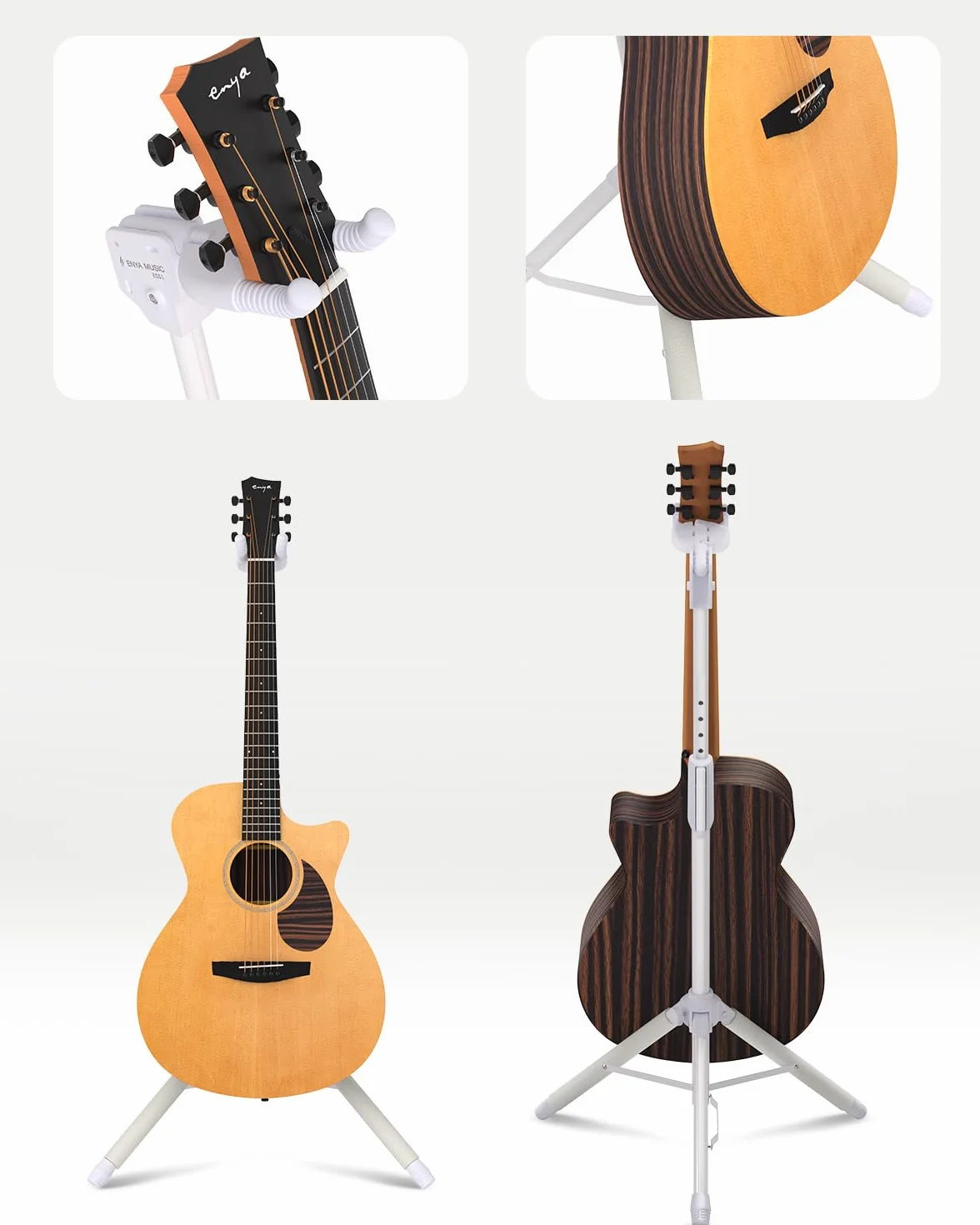 ENYA Regulowany stojak na gitarę (od 76 do 99 cm) z hakiem samochodowym, wykonany ze stali nierdzewnej, antypoślizgowa wyściółka i konstrukcja z trzema nogami do gitar akustycznych i elektrycznych.