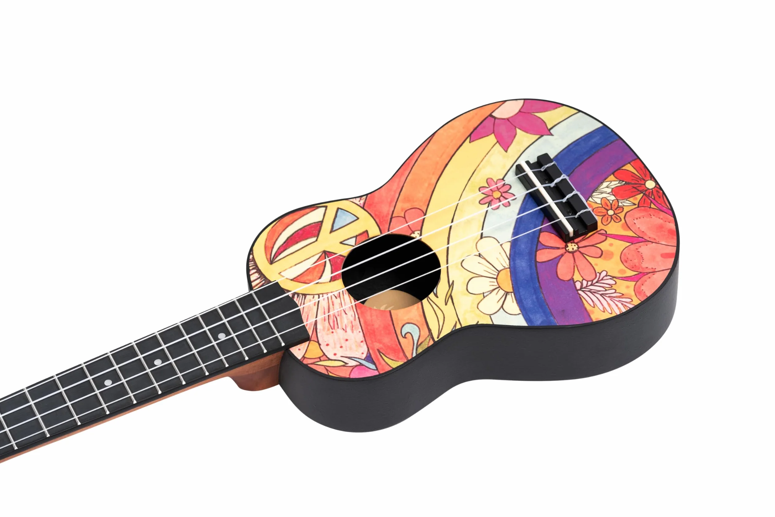 Ortega Guitars Leworęczne Ukulele Sopranowe – Akustyczne – Seria Keiki K2 – w Zestawie z Akcesoriami – Agathis/ABS, Motyw Peace '68 (K2-68-L)