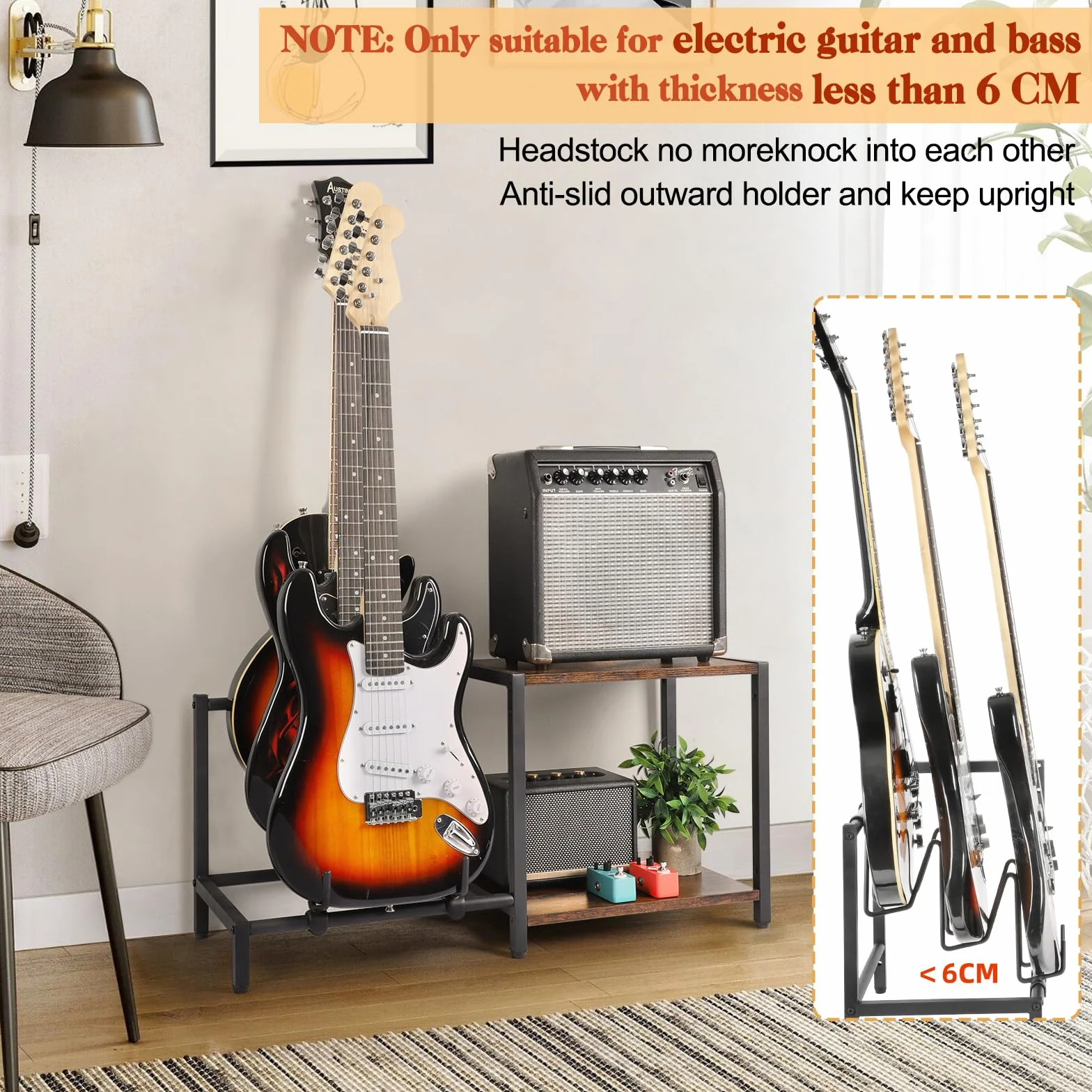 Stojak gitarowy podłogowy, 3-uchwytowa elektryczna gitara basowa ze stojakiem na wzmacniacz gitarowy, regulowany uchwyt gitarowy, stojak gitarowy na wiele gitar i akcesoriów gitarowych