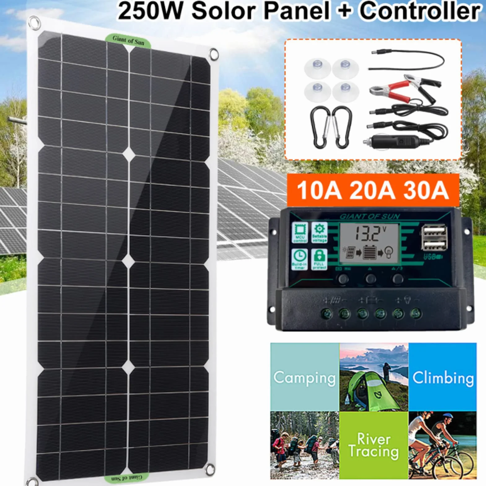 Zestaw paneli słonecznych zestaw startowy przenośnego panelu 250W 12V/24V z monokrystalicznym paneliem + kontroler ładowania 10A do samochodu, kempingowego, łodzi