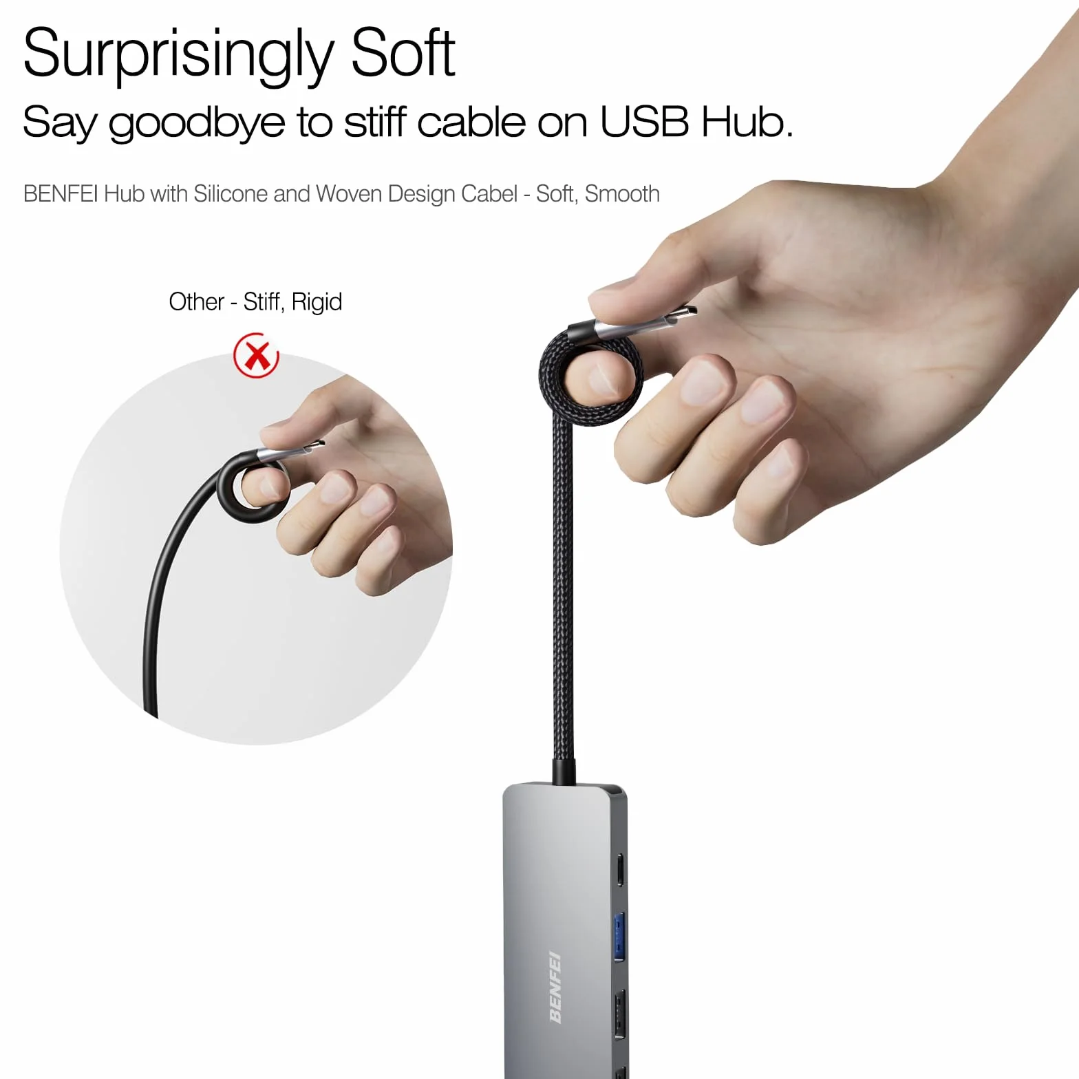 BENFEI USB C Hub 5 w 1 z 4K HDMI (certyfikowany), zasilanie 100 W, 3 USB-A, kabel silikonowy, aluminiowa obudowa kompatybilna z MacBookiem Pro/Air, iPadem Pro, iMacem, XPS, Thinkpadem