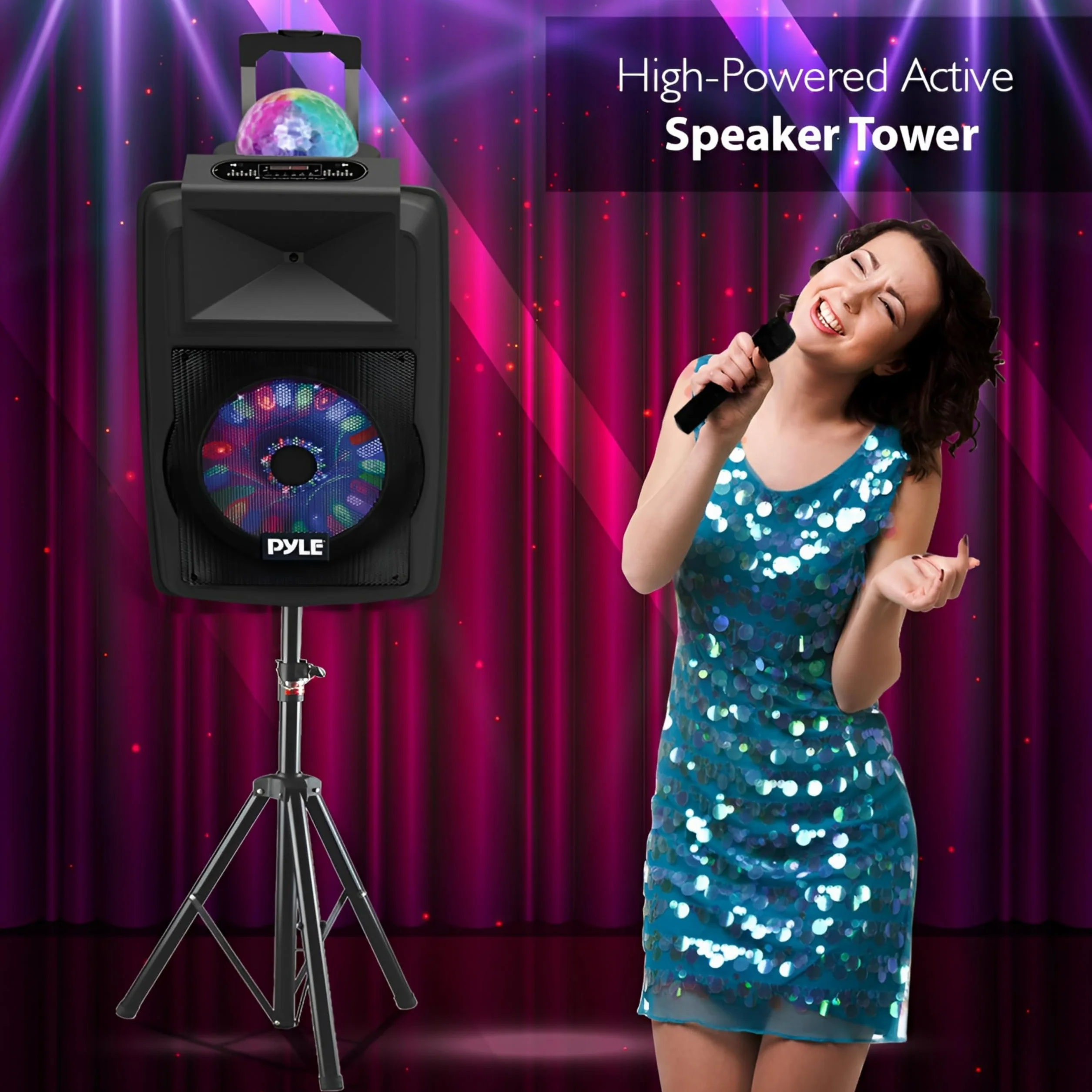 Pyle Głośnik Bluetooth 700 W aktywny przenośny z akumulatorem do karaoke zestaw mikrofonów MP3 USB micro SD radio FM AUX światła DJ