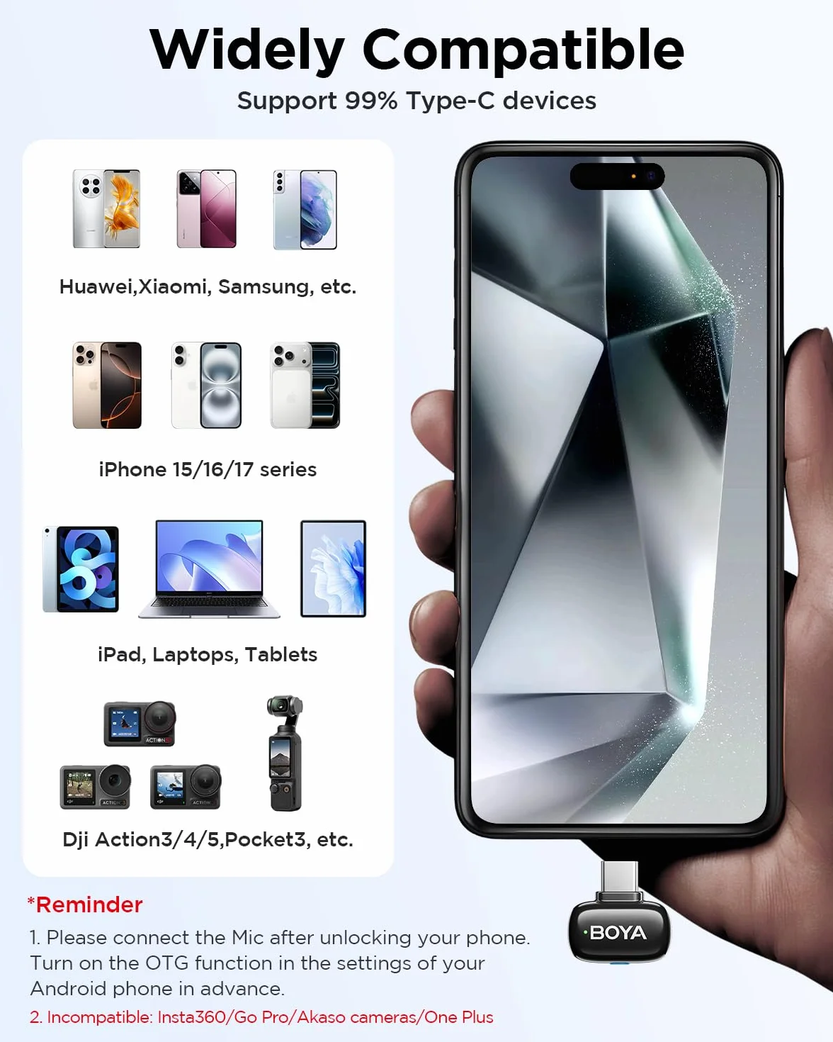 Boyamini bezprzewodowy mikrofon krawatowy do iPhone 15/16 Android USB-C Plug, ultra mini mikrofon z redukcją szumów, zmiana głosu AI, mikrofon klapowy do nagrywania wideo, vlogowania, TikTok, YouTube