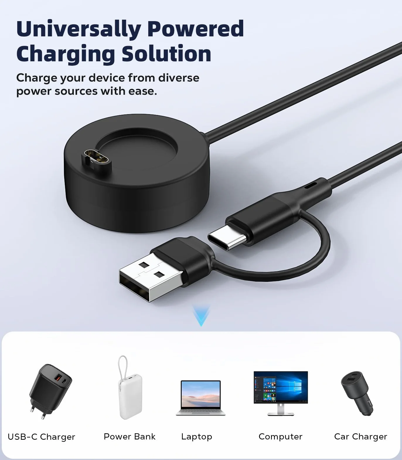 MoKo 2 in 1 Garmin Watch Charger, USB-C Charger Cable Compatible with Garmin Vivoactive 6/5, Fenix 8/7/6/5, Forerunner 970/570/965/265/255/165, Instinct, Venu 4/3s, 3.3 ft/1m Charging Code, Black
