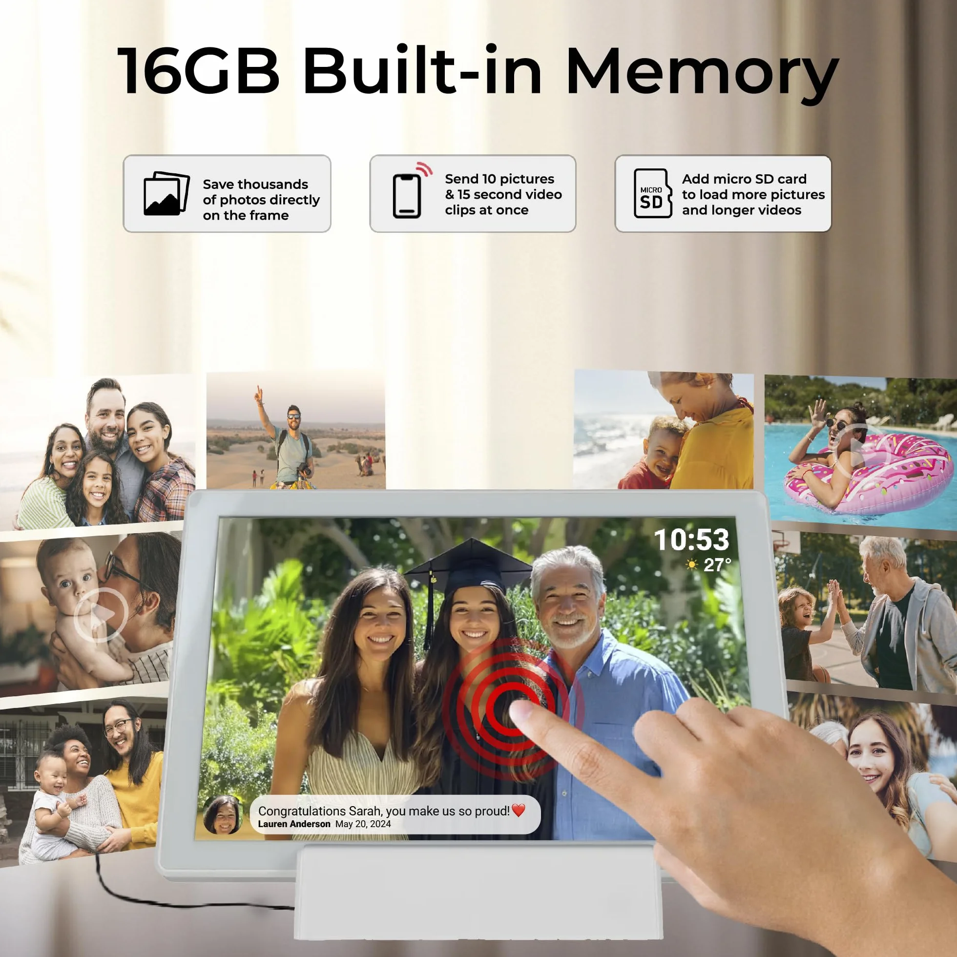 Denver PFF-1070W | cyfrowa ramka na zdjęcia Wi-Fi 10,1" z akumulatorem | ekran dotykowy HD IPS | aplikacja FRAMEO i pamięć 16 GB | biała