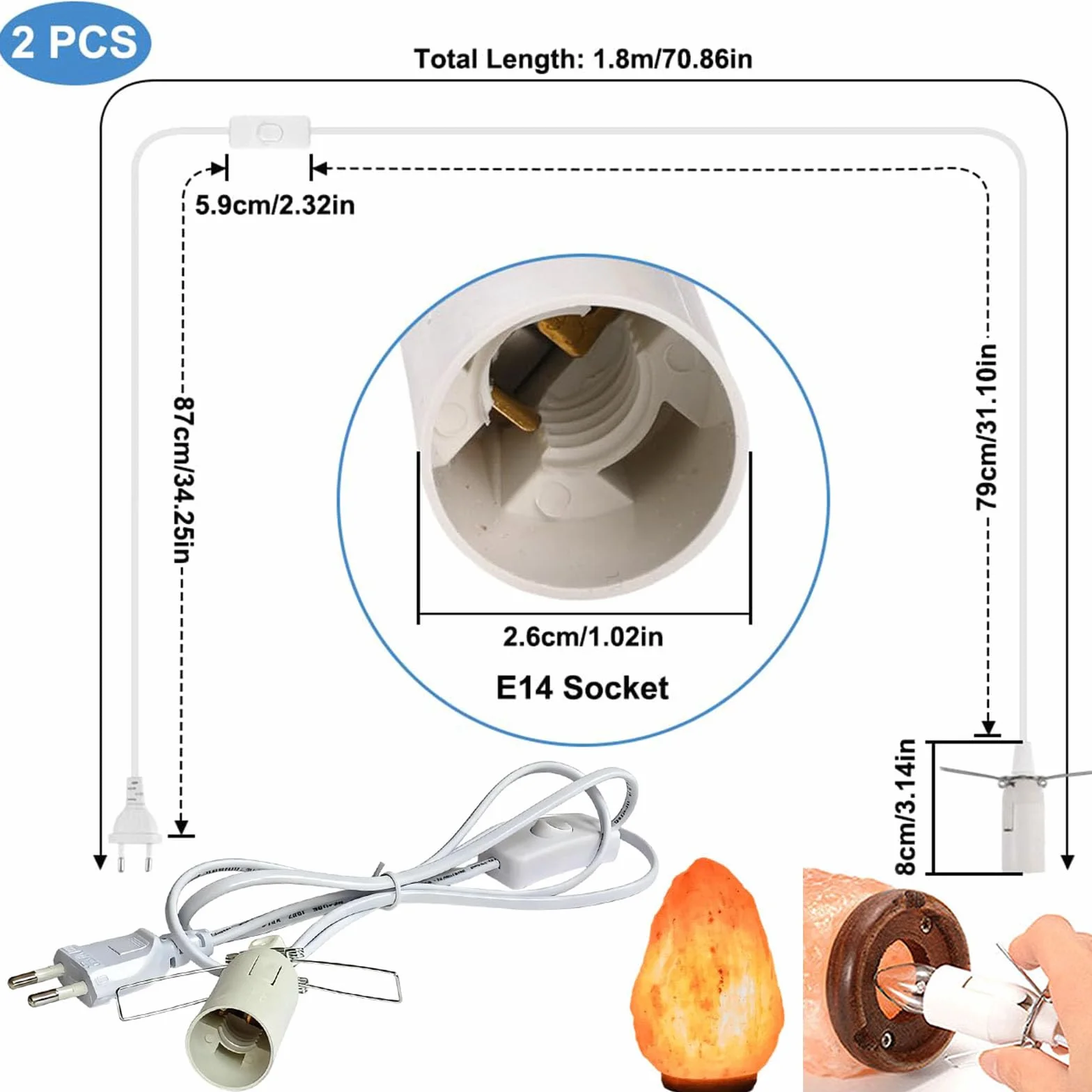 2 sztuki oprawki do lampy z kablem ze starym wiekiem, do lampy solnej L oprawka lampy E14, z kablem do lampy 1,8 m i przełącznikiem, oprawka e14 z przełącznikiem, wtyczka EU, do zawieszenia lampy