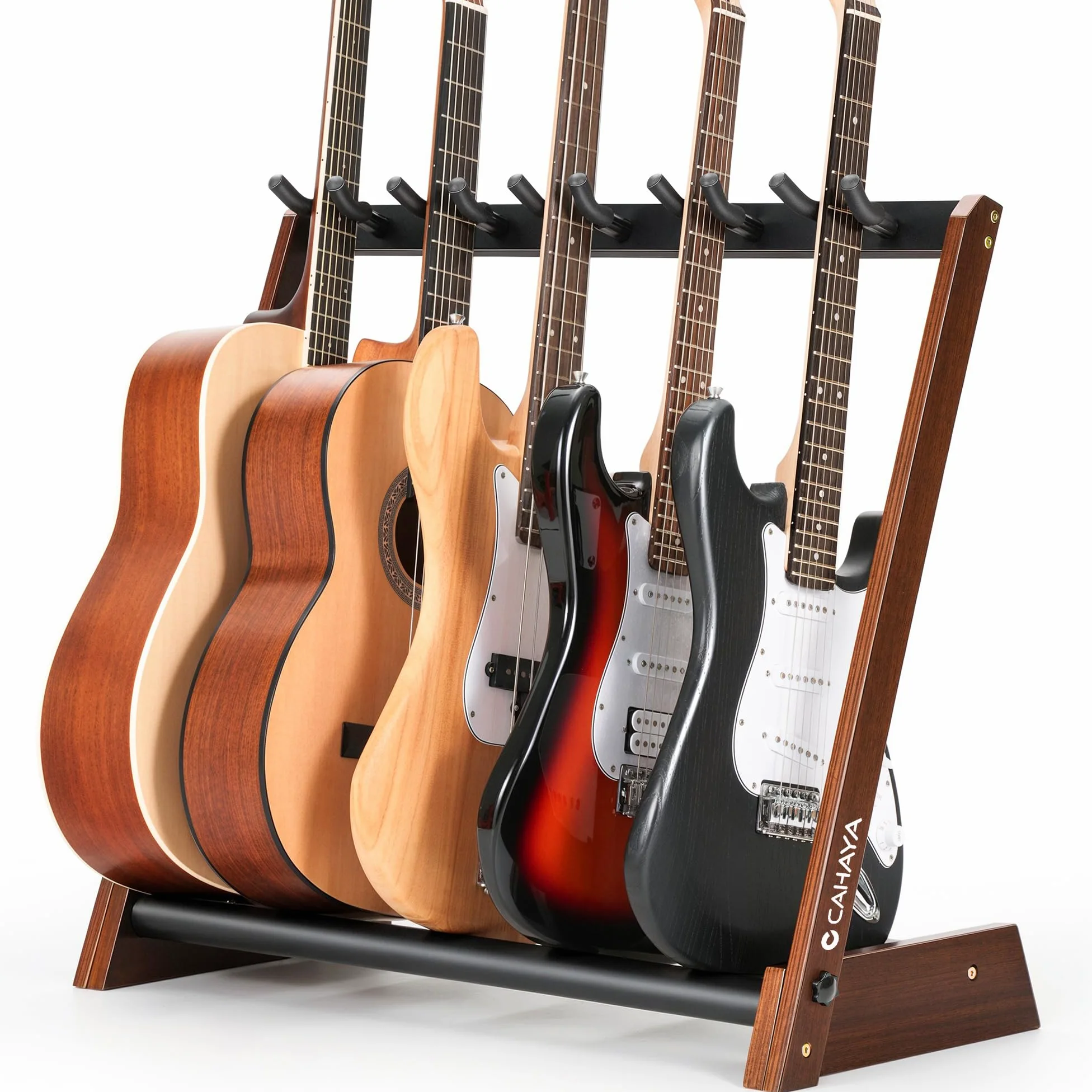 CAHAYA Drewniany stojak na 5 gitar – składany stojak podłogowy z drewna do gitary akustycznej, elektrycznej, koncertowej i basowej – uniwersalny uchwyt na gitarę do domu, studia lub wystawy
