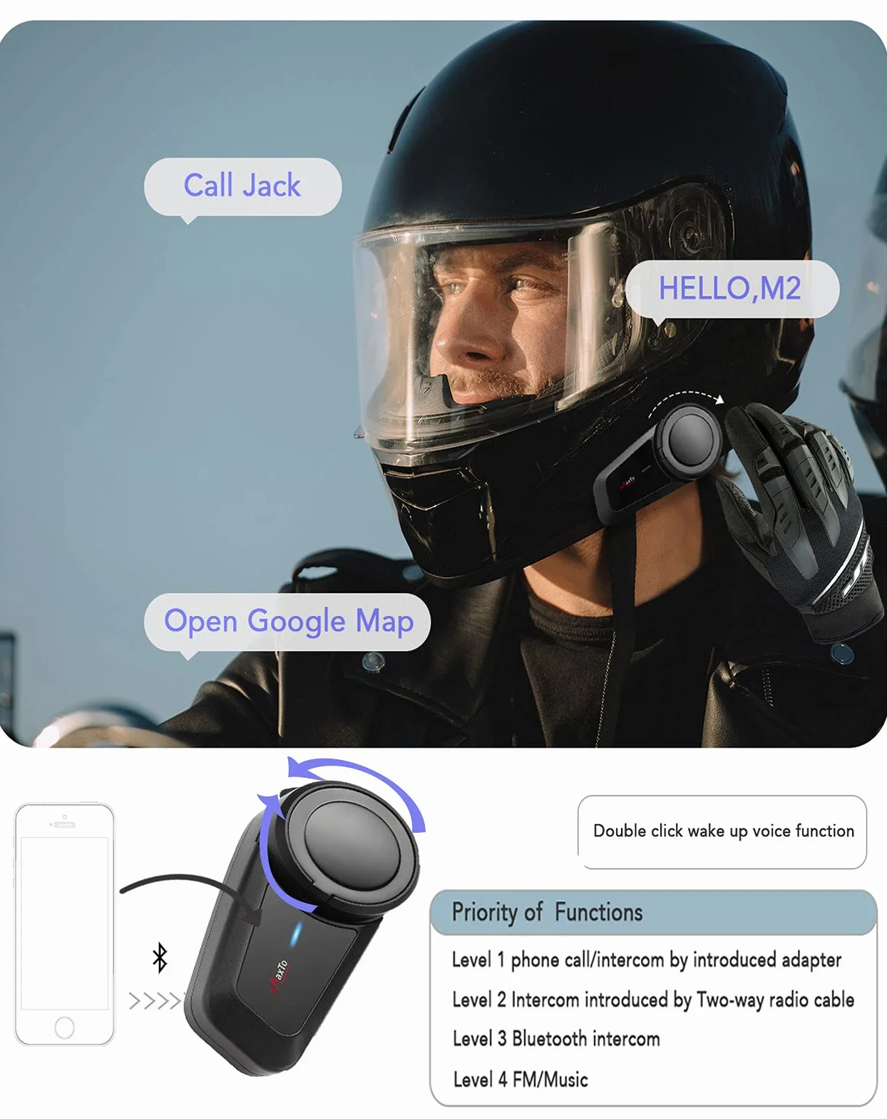 Maxto Motocyklowy zestaw słuchawkowy Bluetooth, M2 Systemy komunikacji z kaskiem motocyklowym, 6-kierunkowy BT5.0 Wodoodporny interkom, zasięg 1000 m, z radiem FM, Siri, wybieranie głosowe do jazdy na