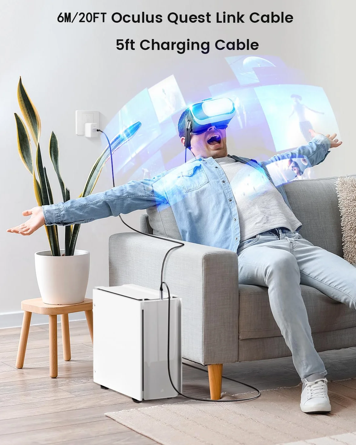 FOINNEX Kabel Link 6 m, kompatybilny z zestawem słuchawkowym Oculus/Meta Quest 2 VR, kabel VR z ładowaniem USB C 60 W, oddzielny kabel wystarczającej ilości zasilania, kabel USB 3.0 na USB C do VR/PC