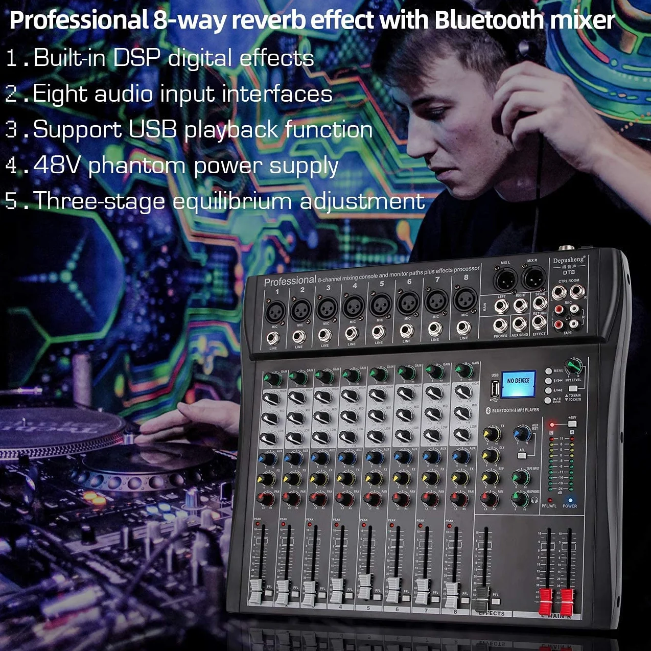 Depusheng DT8 profesjonalny mikser soundboard, konsola, 8-kanałowy system stołowy, interfejs cyfrowy, USB dla komputera i MP3, wejście Phantom 48 V, kolor czarny