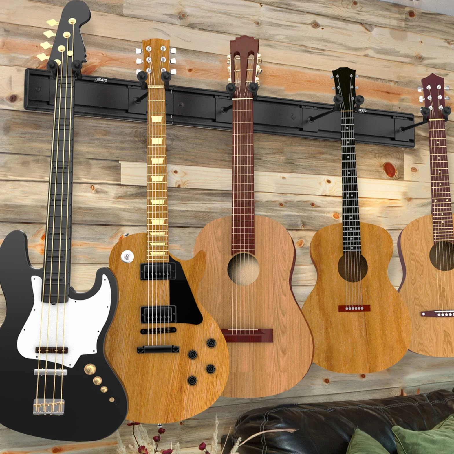 LEKATO Wieszak ścienny na gitarę do wielu instrumentów – metalowa gitara, bas, banjo, mandolina, skrzypce, uchwyt na wiolonczelę z regulowanym wieszakiem, 5 sztuk