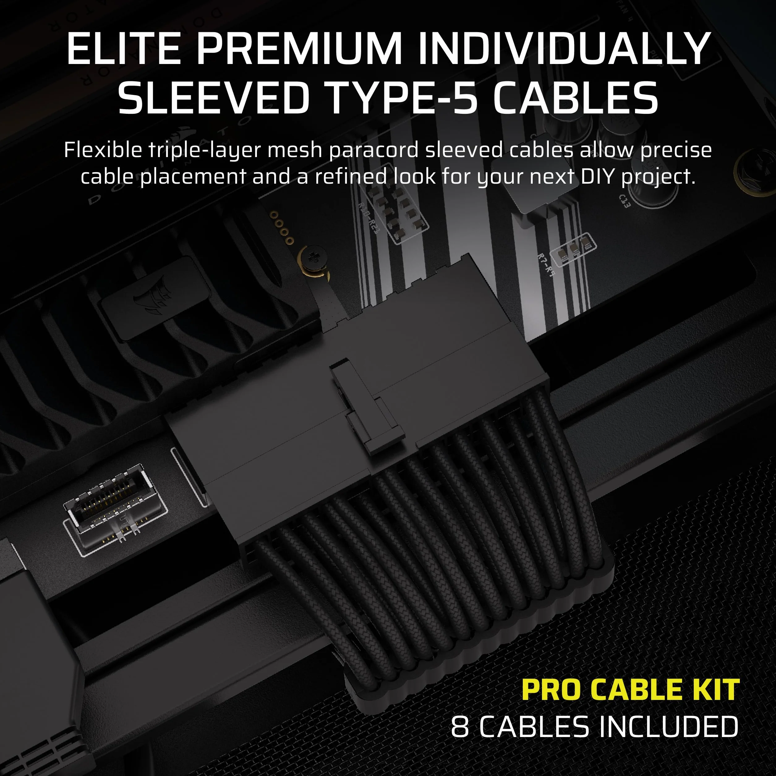 Corsair Elite Premium typ 5 pojedynczy kabel PSU z pojedynczą osłoną, niskoprofilowe grzebienie kablowe, potrójny rękaw paracord, kompatybilne zasilacze typu 5 - czarny