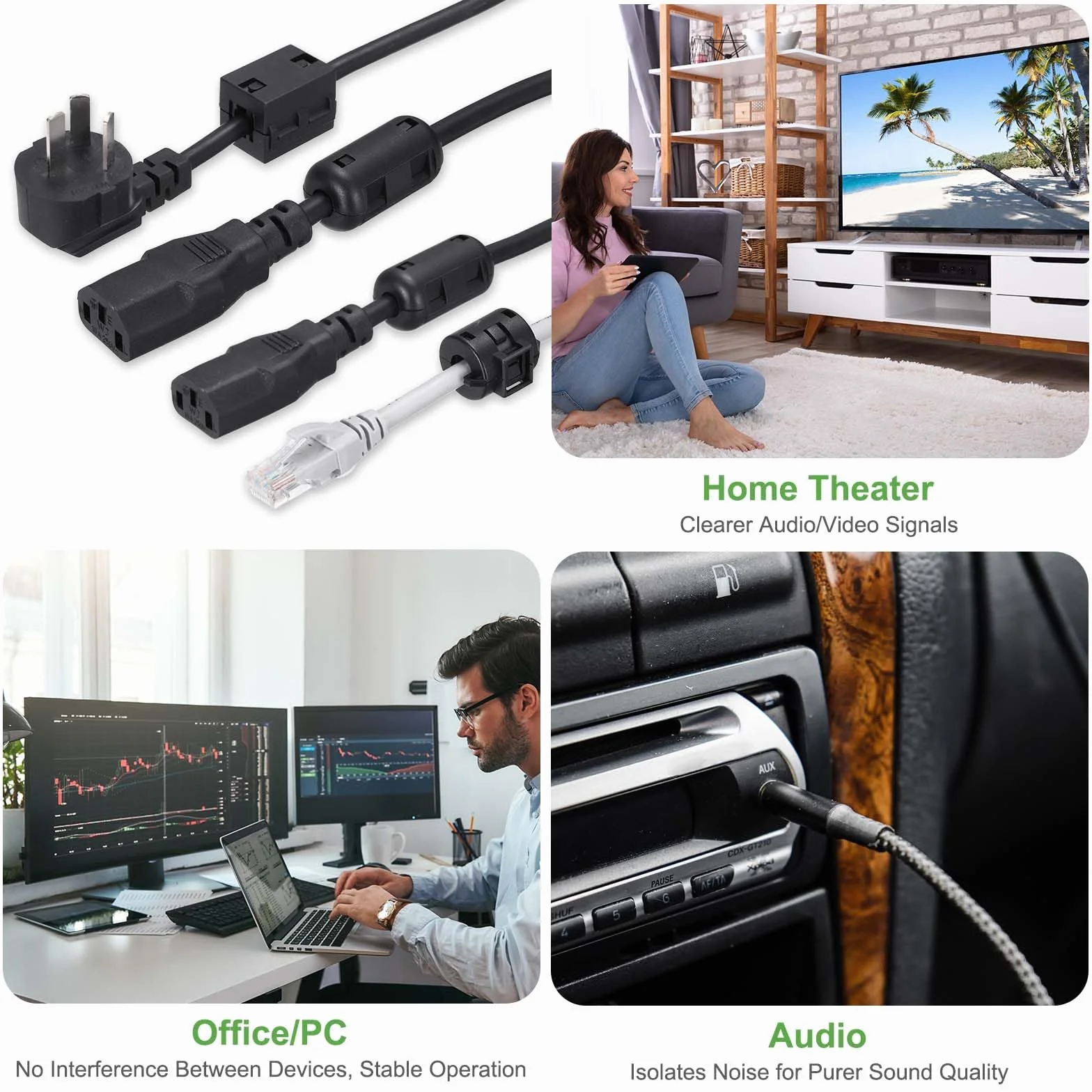 QUARKZMAN 4 sztuki wkładanych pierścieni ferrytowych, RFI EMI, filtr redukcji szumów, klips kablowy, koraliki ferrytowe do 3,5 mm USB Audio Video kabel do transmisji danych, czarny, cylindryczny