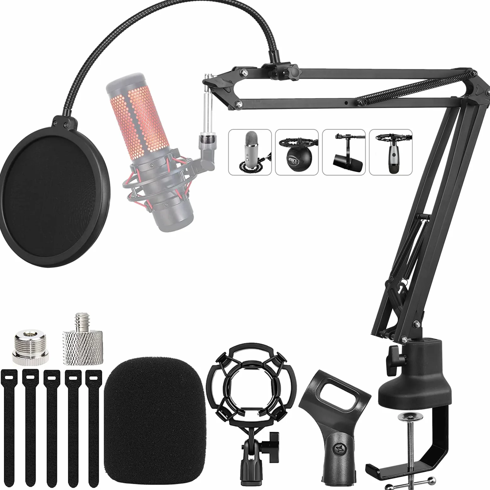 Ramię wysięgnika, amortyzowany stojak na mikrofon do Blue Yeti, regulowany stojak na mikrofon z filtrem pop, adapter 1/4"-3/8"-5/8", uchwyt, studio, nadawanie, praca w domu